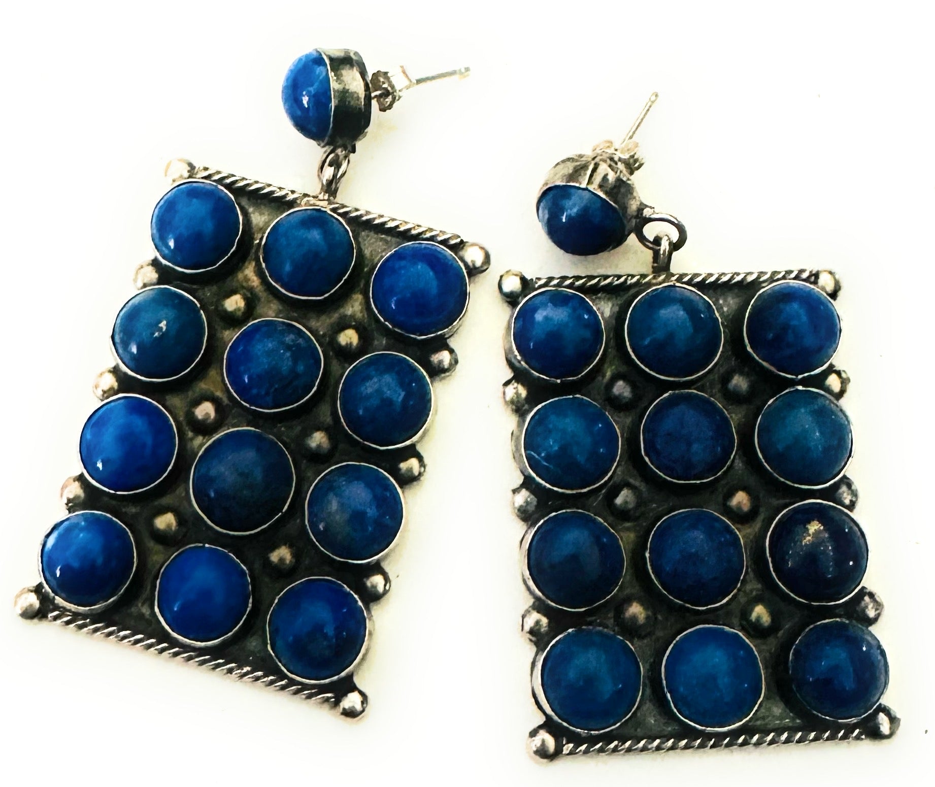 Navajo Lapis & Sterling Silver Cluster Dangle Earrings