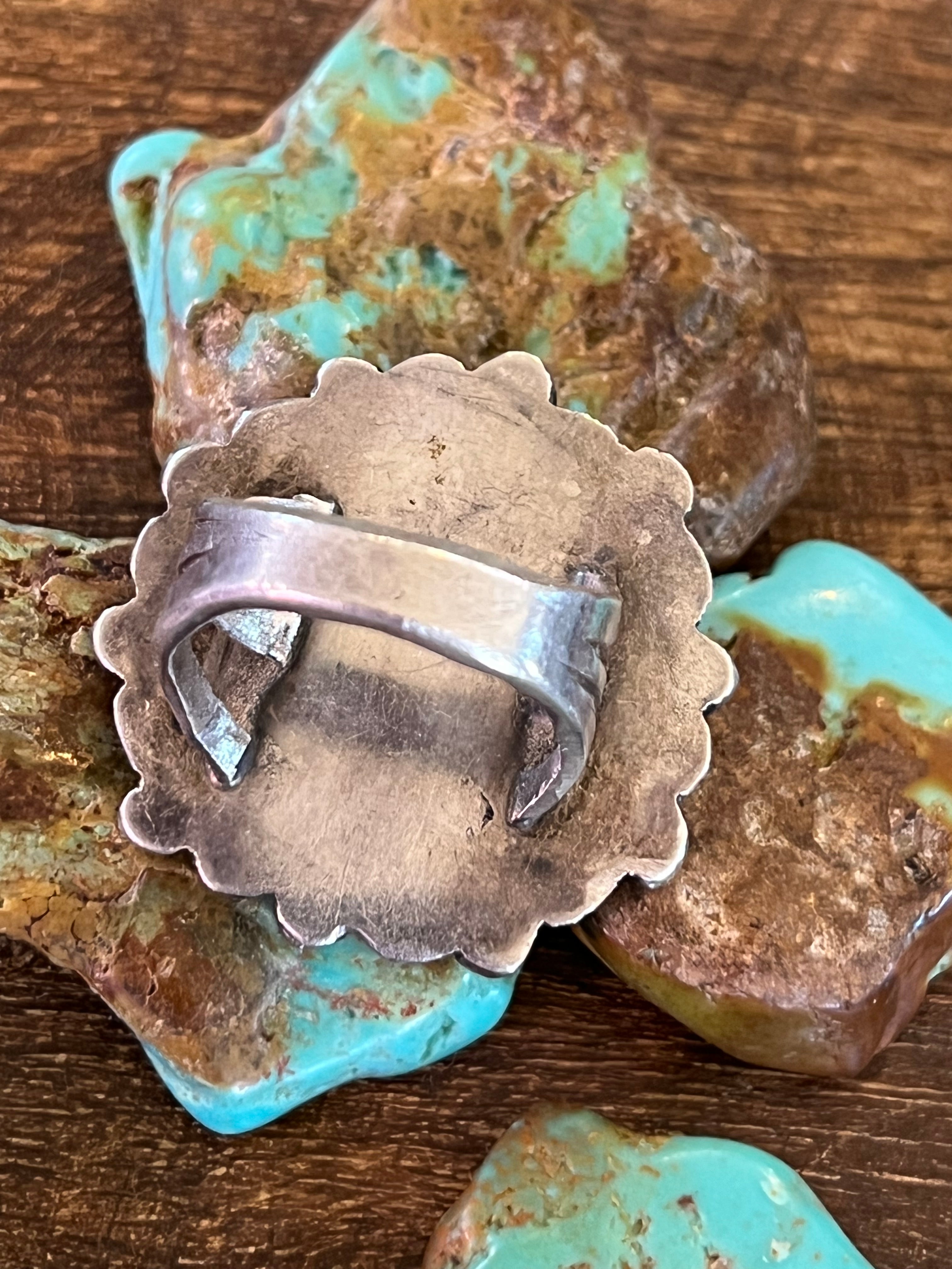 Old Pawn Unsigned Sterling Silver and Turquoise Cluster Ring, Size 8.5