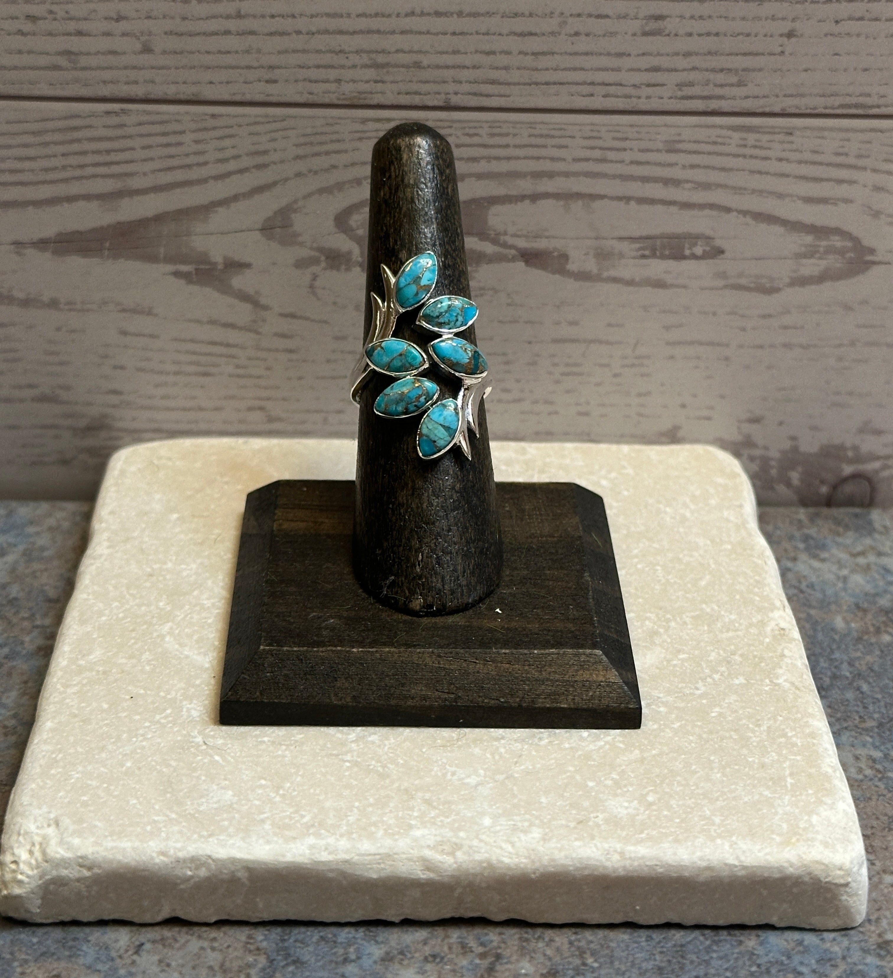 Sterling Silver Six Leaf Copper Turquoise Ring Size 6.5