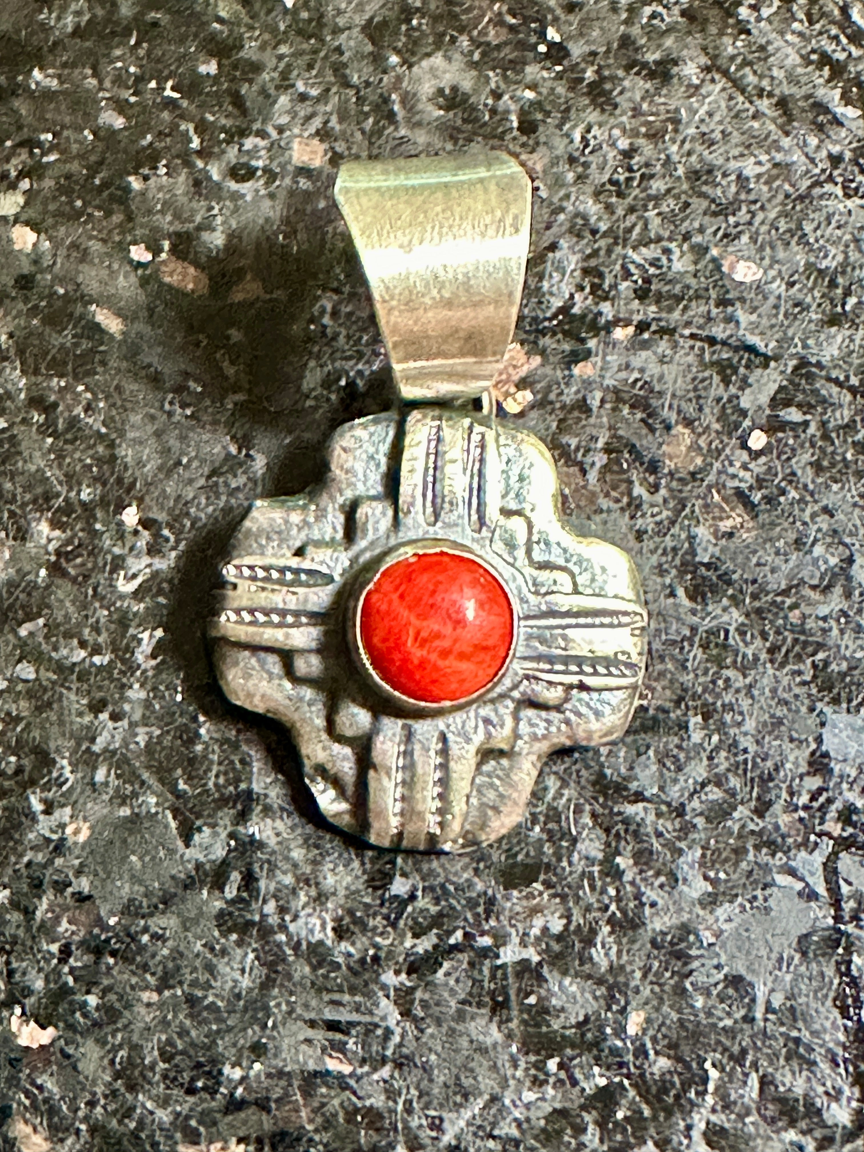 Navajo Sterling Silver Red Coral Zia Pendant By Chimney Butte