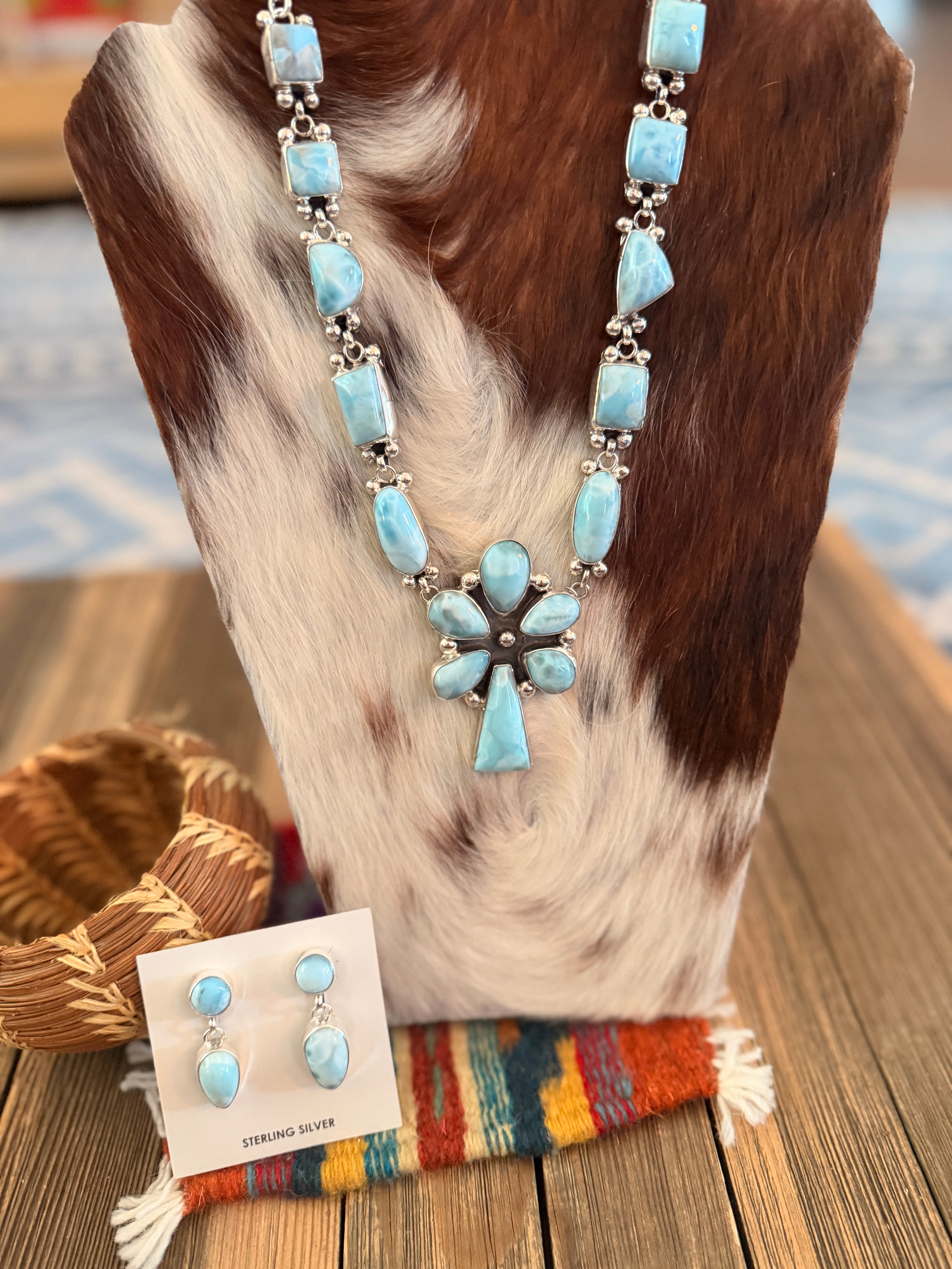 Handcrafted Larimar & Sterling Silver Necklace and Earring Set by Myra Benally
