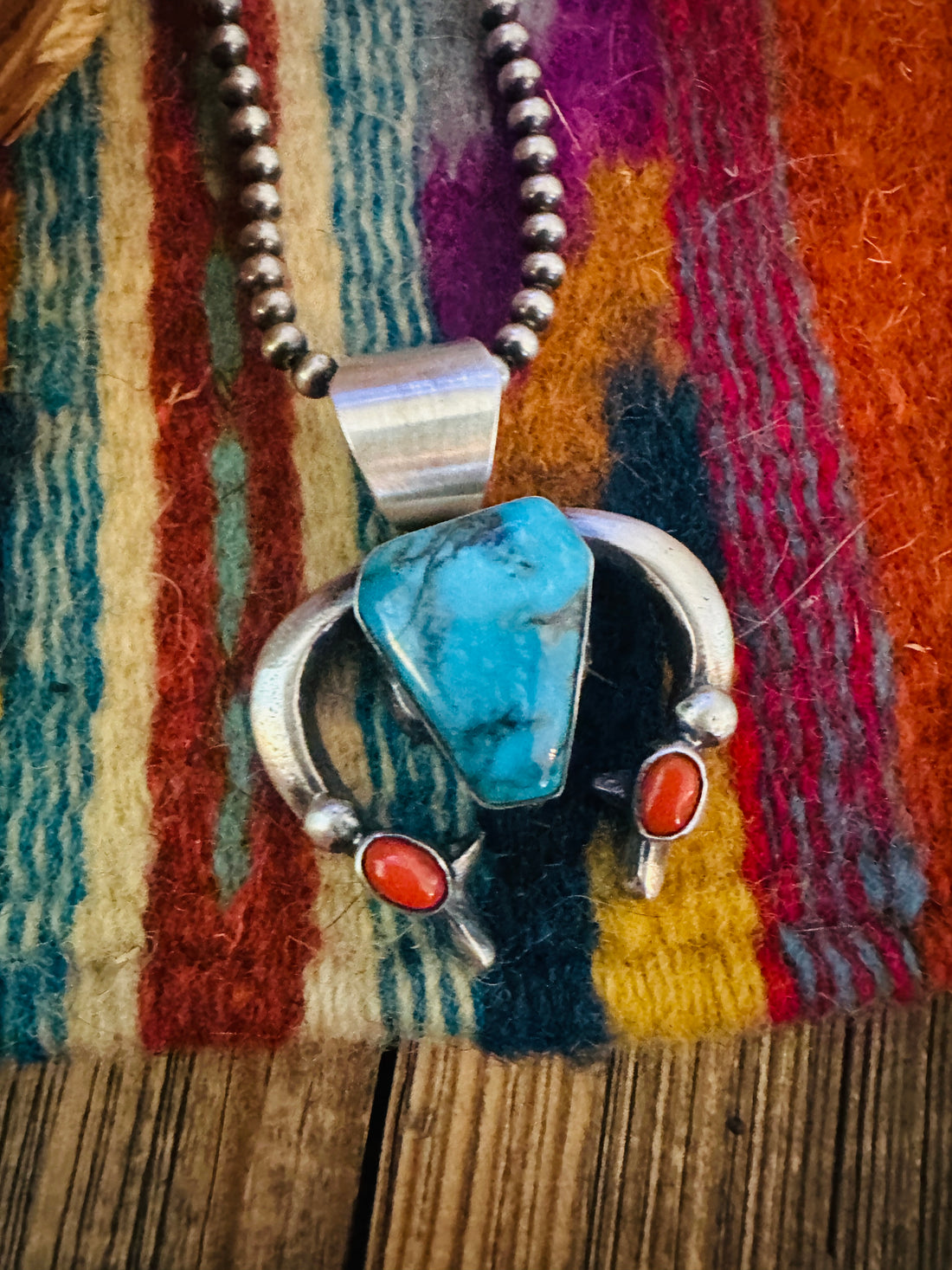 Handcrafted Sterling Silver, Turquoise & Coral Naja Pendant by Chimney Butte