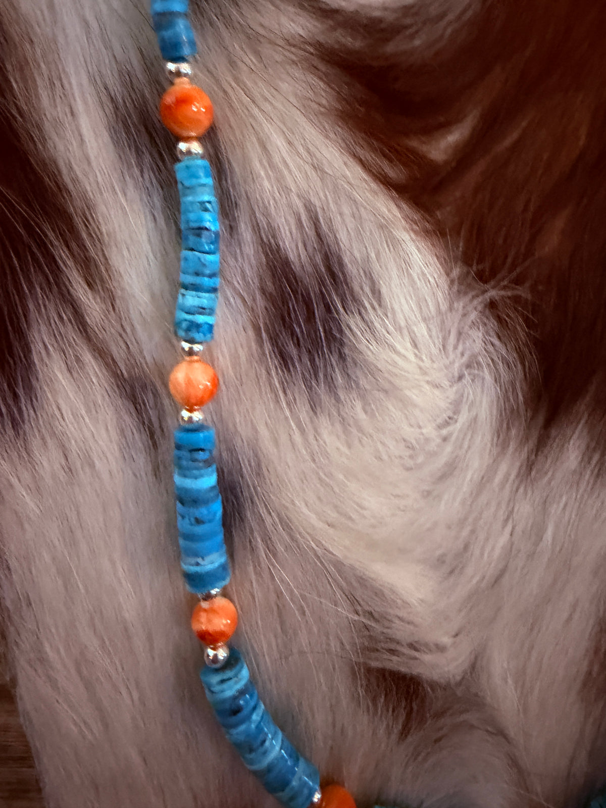 Handcrafted Turquoise, Spiny & Sterling Silver Pearl 22” Beaded Necklace