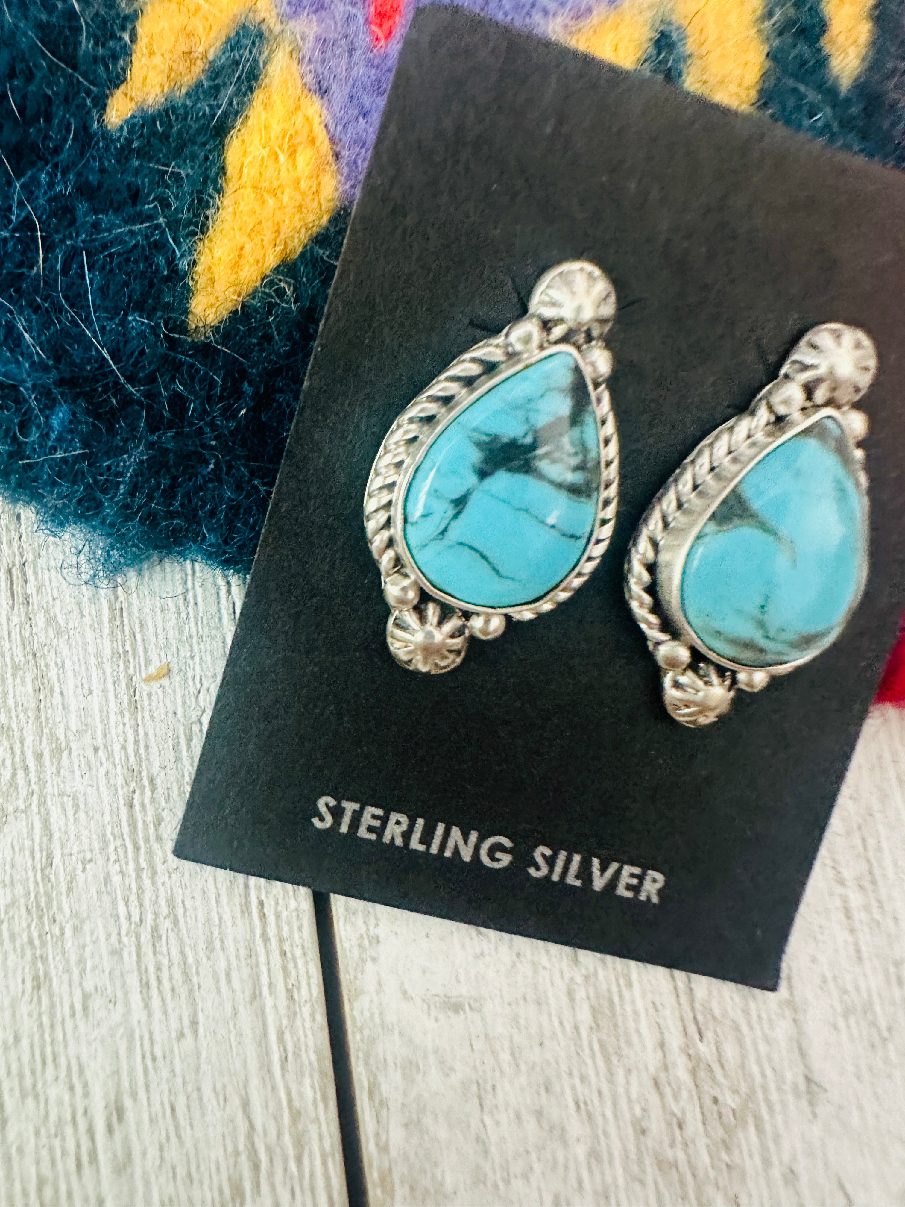 Navajo Turquoise and Sterling Silver Teardrop Post Earrings