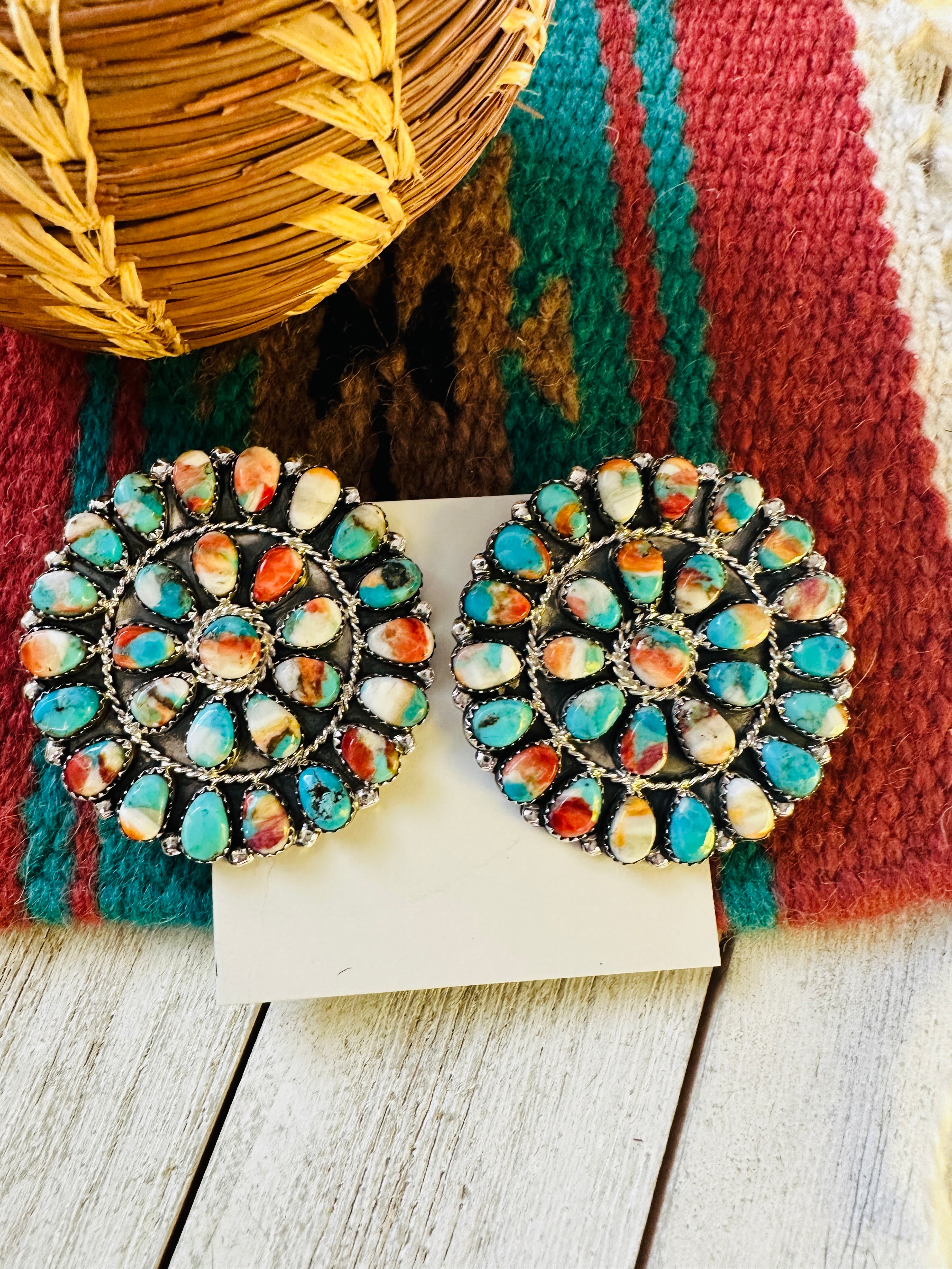 Navajo Multi Stone Spice And Sterling Silver Cluster Post Earrings