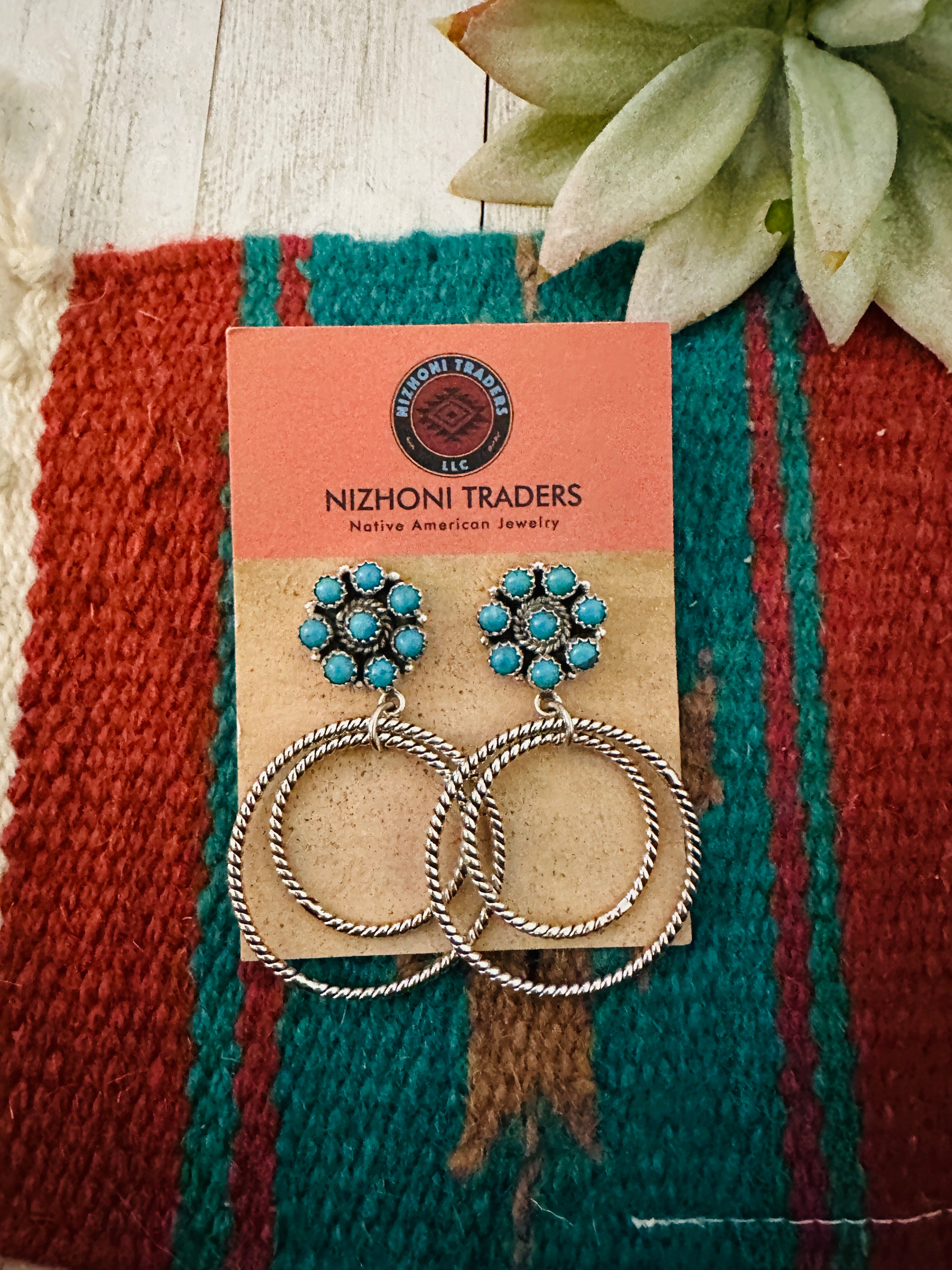 Handmade Turquoise, & Sterling Silver Cluster Circle Dangle Earrings Signed Nizhoni