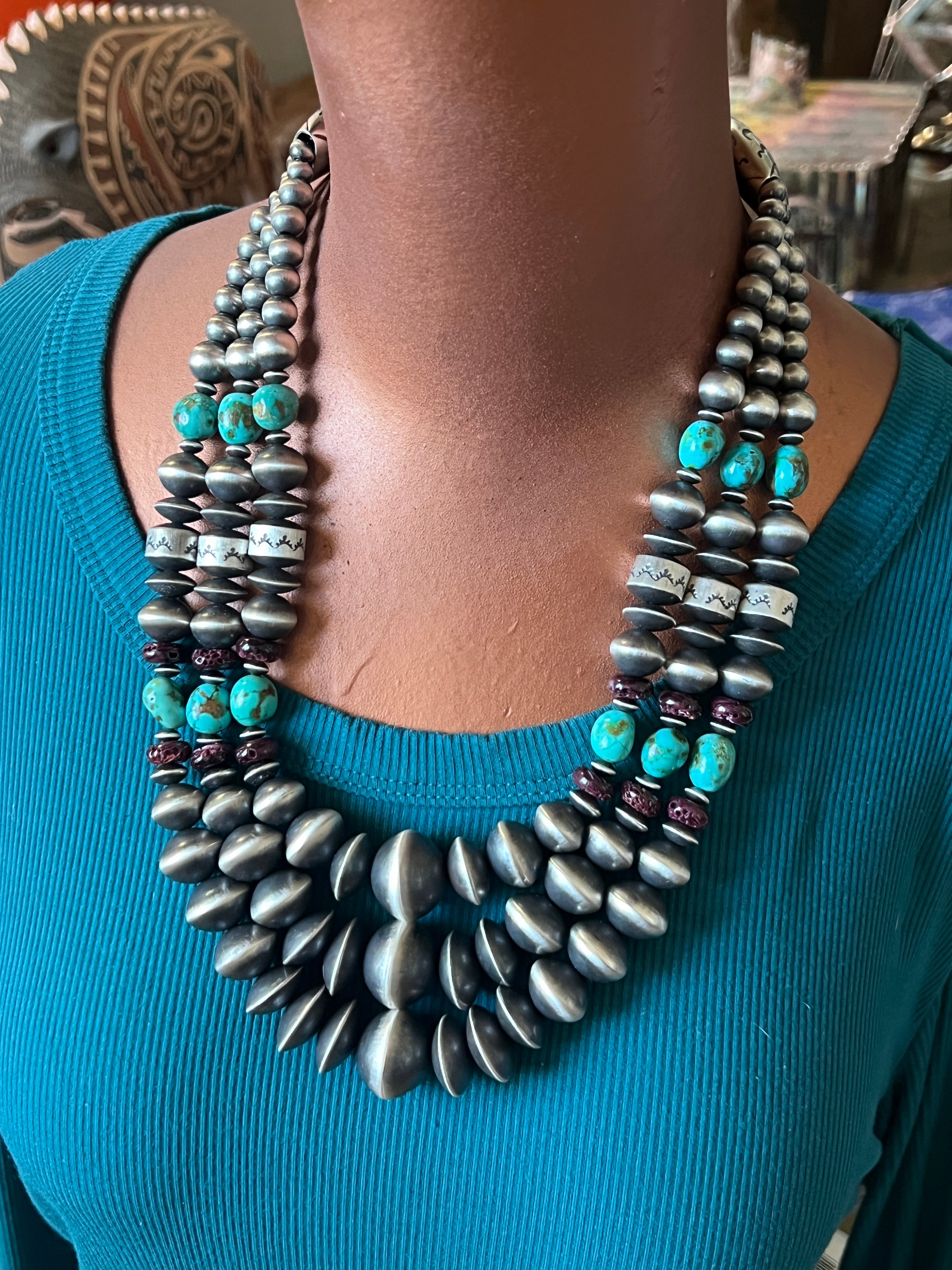 Rose Martin Handcrafted Triple Strand Sterling Silver, Purple Spiny Oyster and Kingman Turquoise Bead Necklace