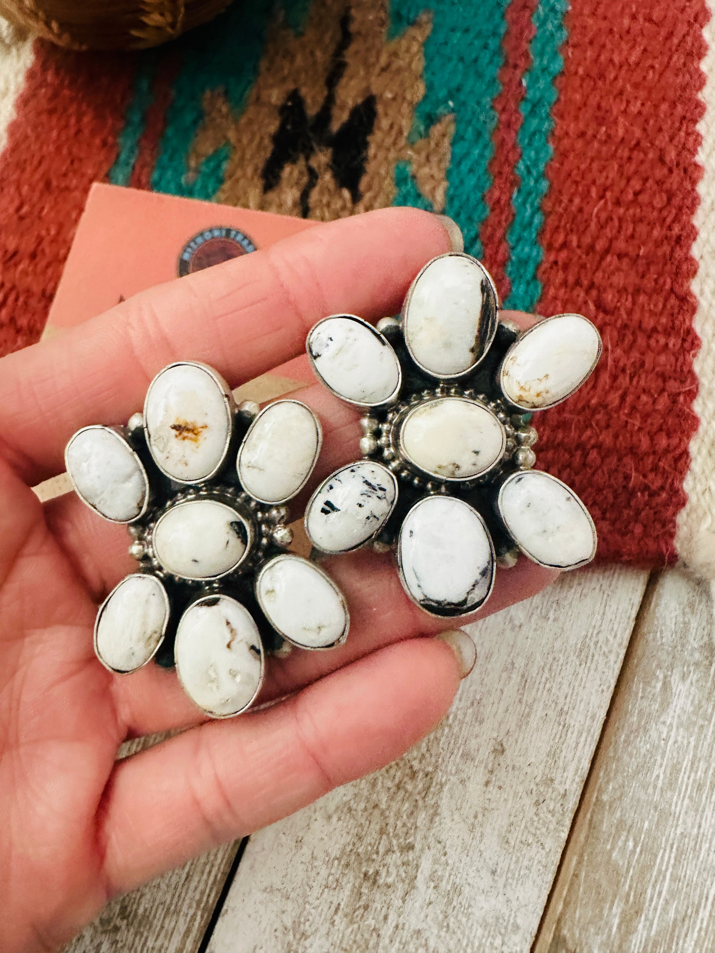 Navajo White Buffalo & Sterling Silver Cluster Post Earrings