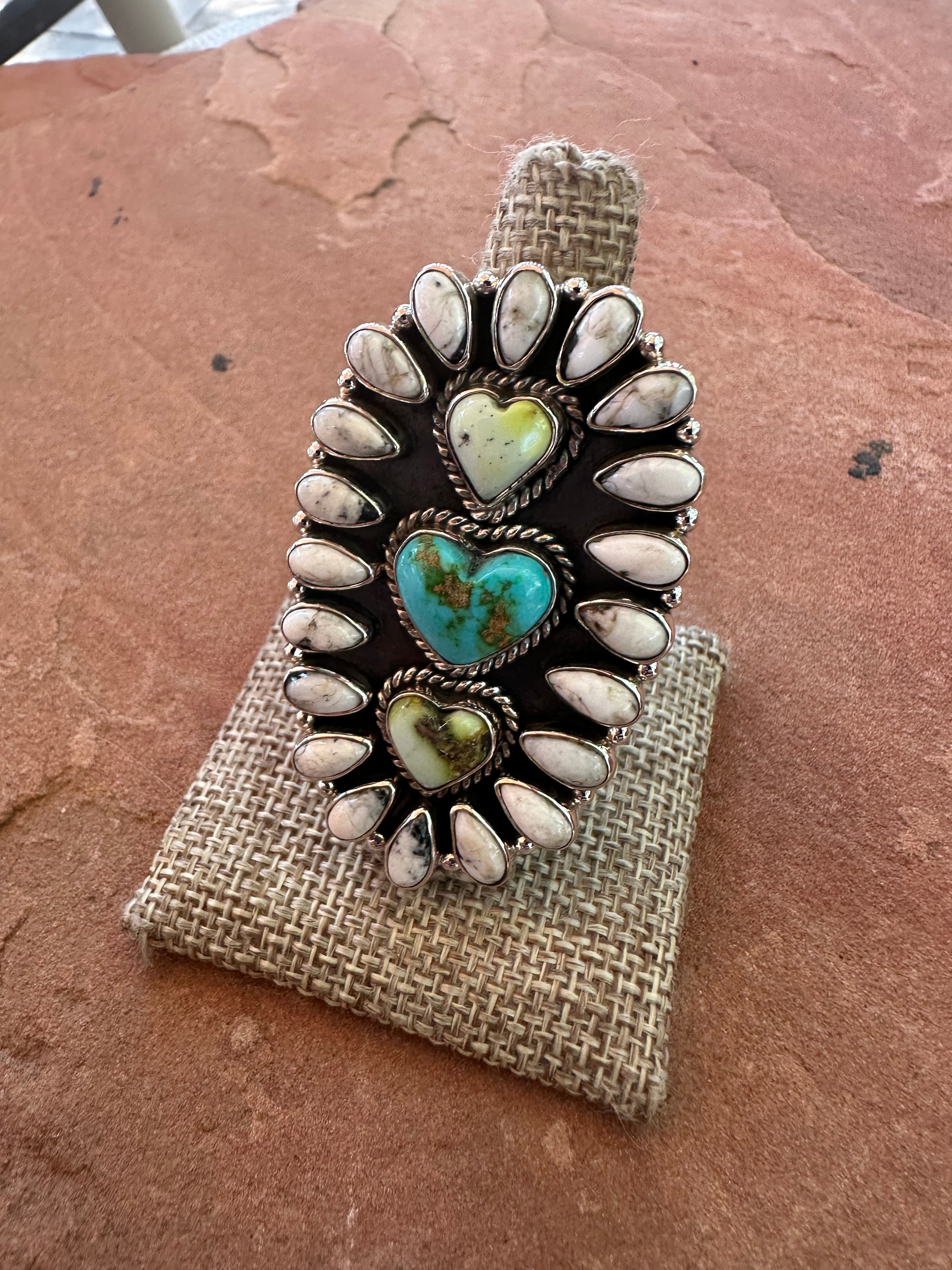 Beautiful Handmade White Buffalo, Palomino Turquoise, Turquoise And Sterling Silver Adjustable Heart Ring