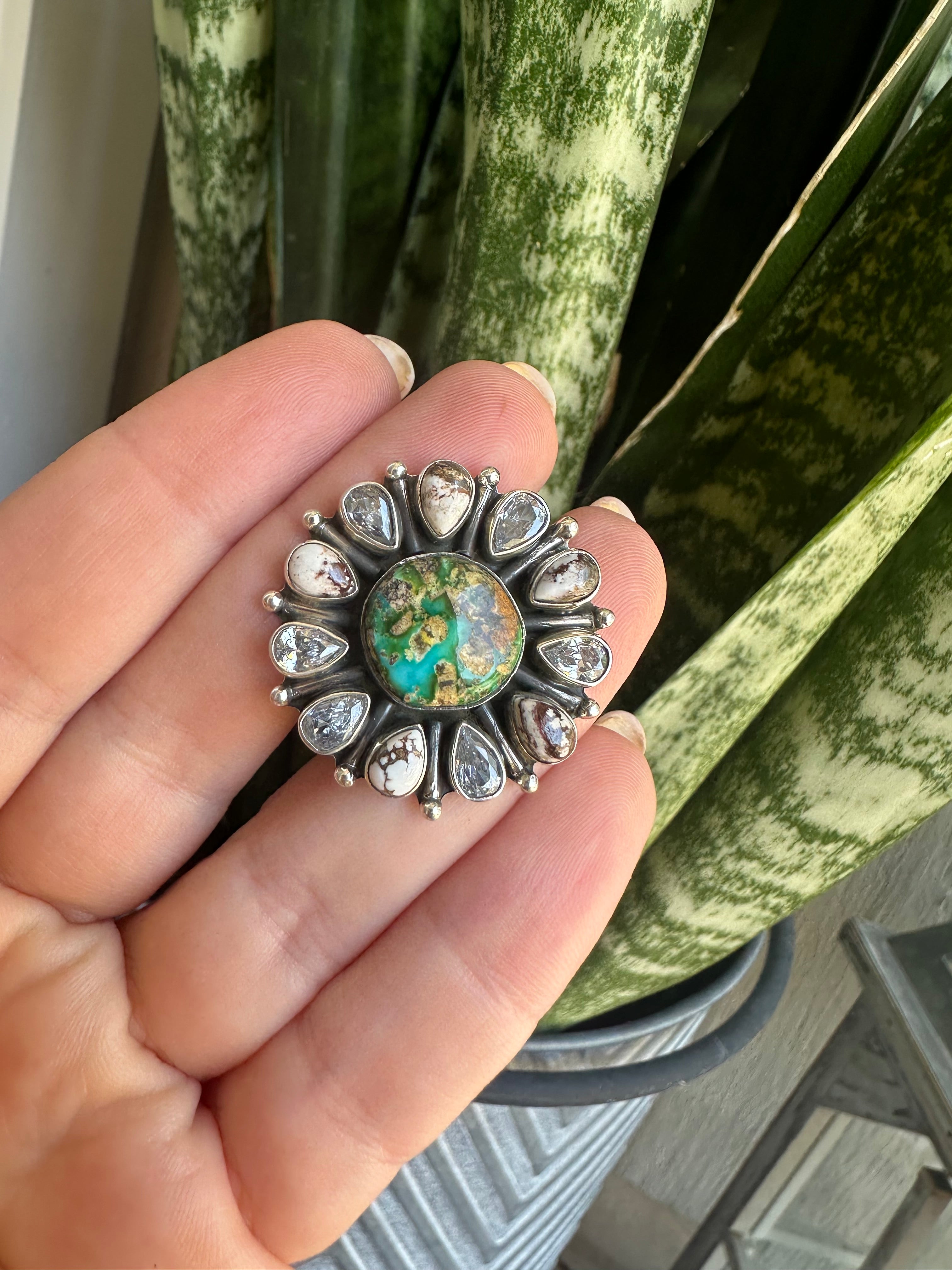 Beautiful Handmade Wild Horse, Sonoran Mountain Turquoise, CZ And Sterling Silver Adjustable Ring