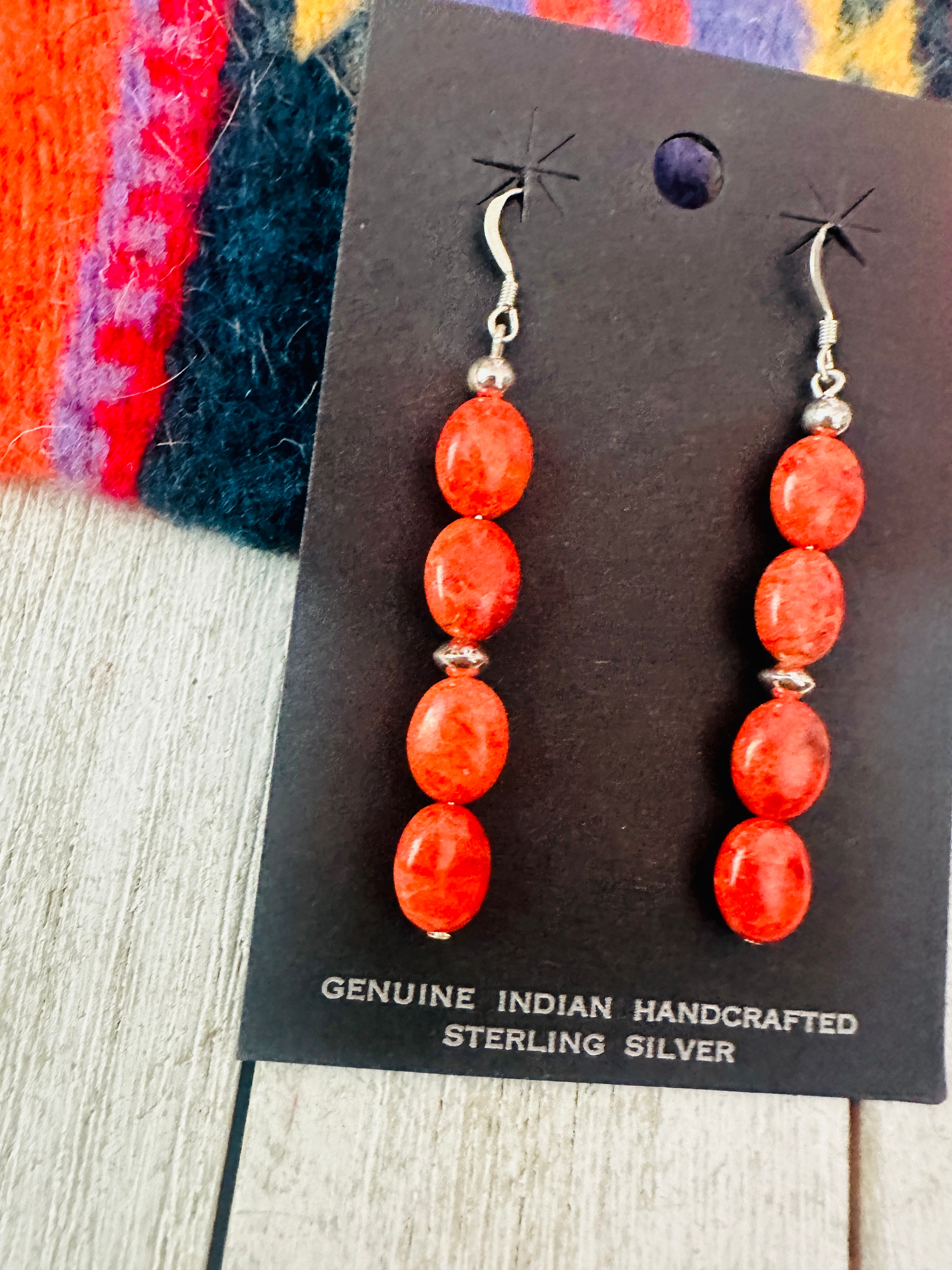 Navajo Sterling Silver Apple Coral Beaded Dangle Earrings