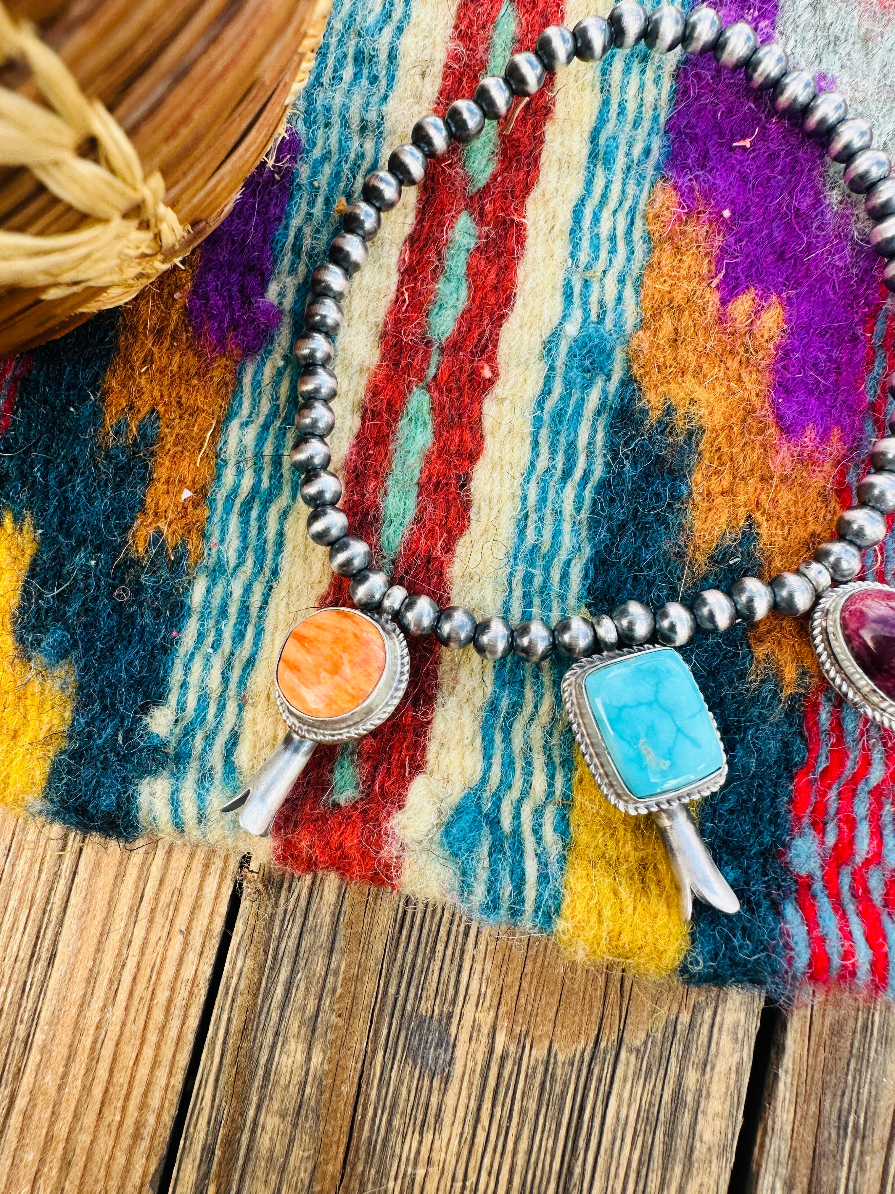 Handcrafted 3mm Sterling Silver Pearl, Turquoise & Spiny Oyster Blossom Stretch Bracelet