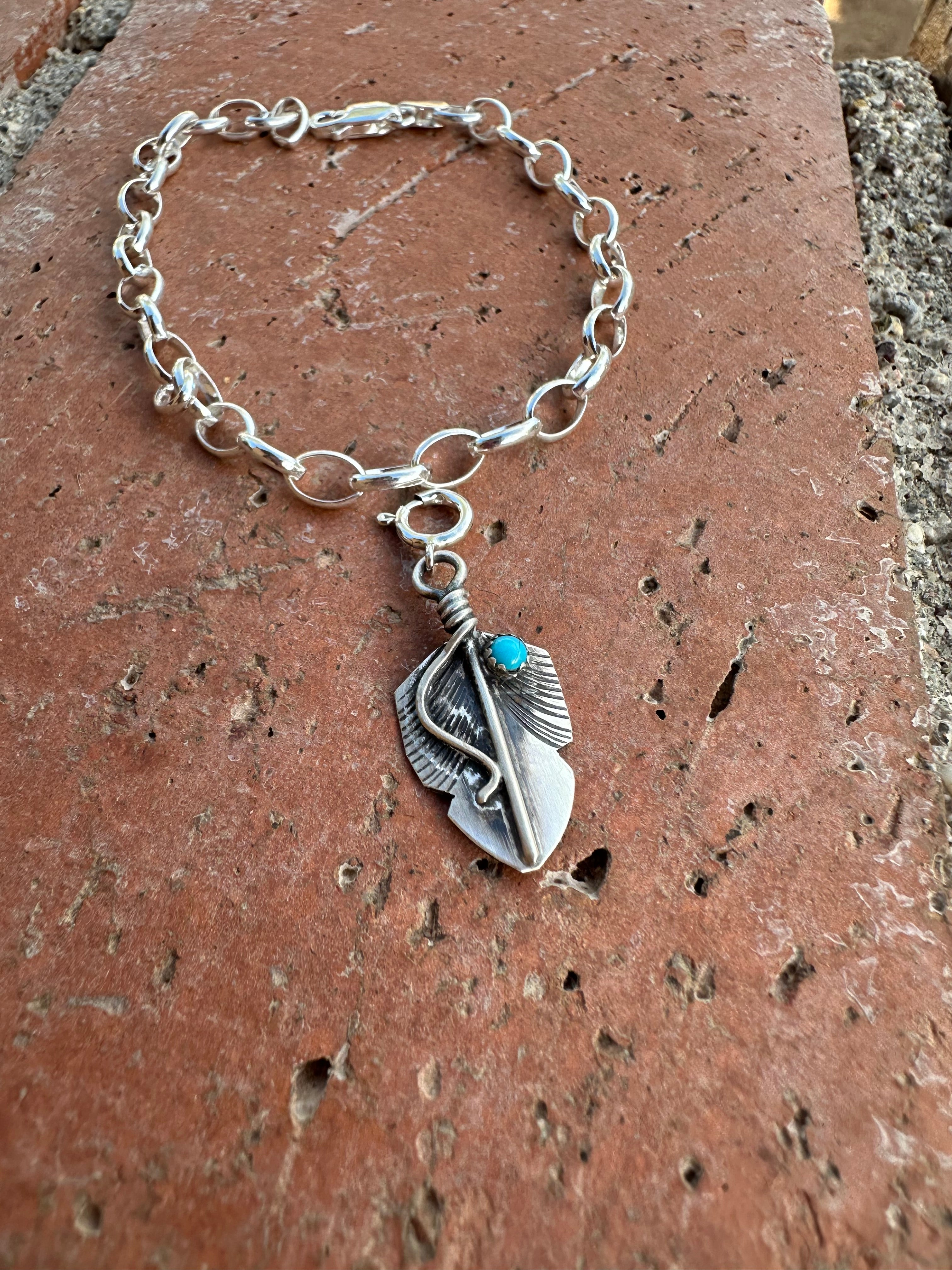 Navajo Crafted Sterling Silver and Turquoise Feather Charm