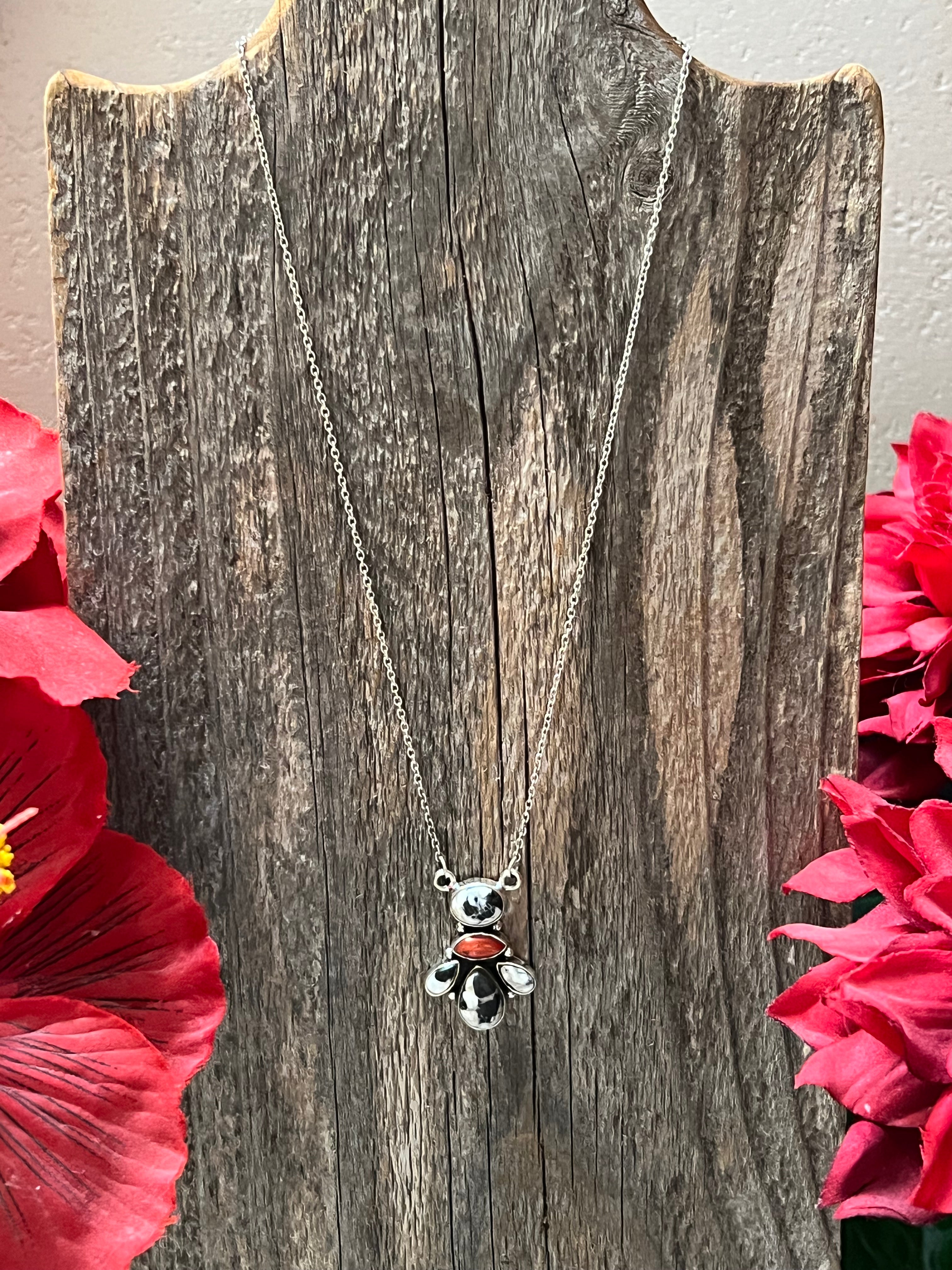 Handmade Sterling Silver, White Buffalo & Coral Necklace