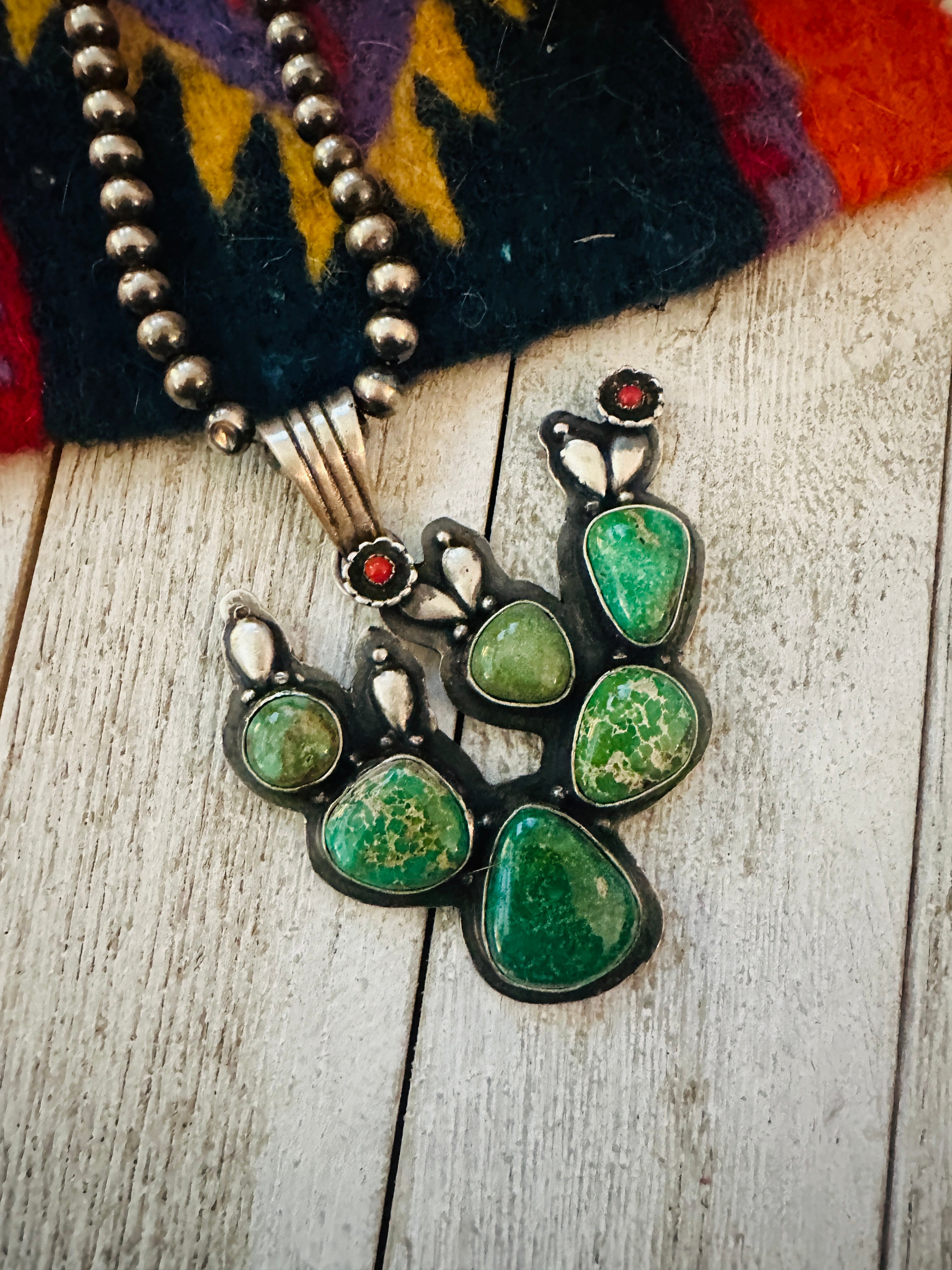 Navajo Turquoise, Coral and Sterling Silver Cactus Pendant