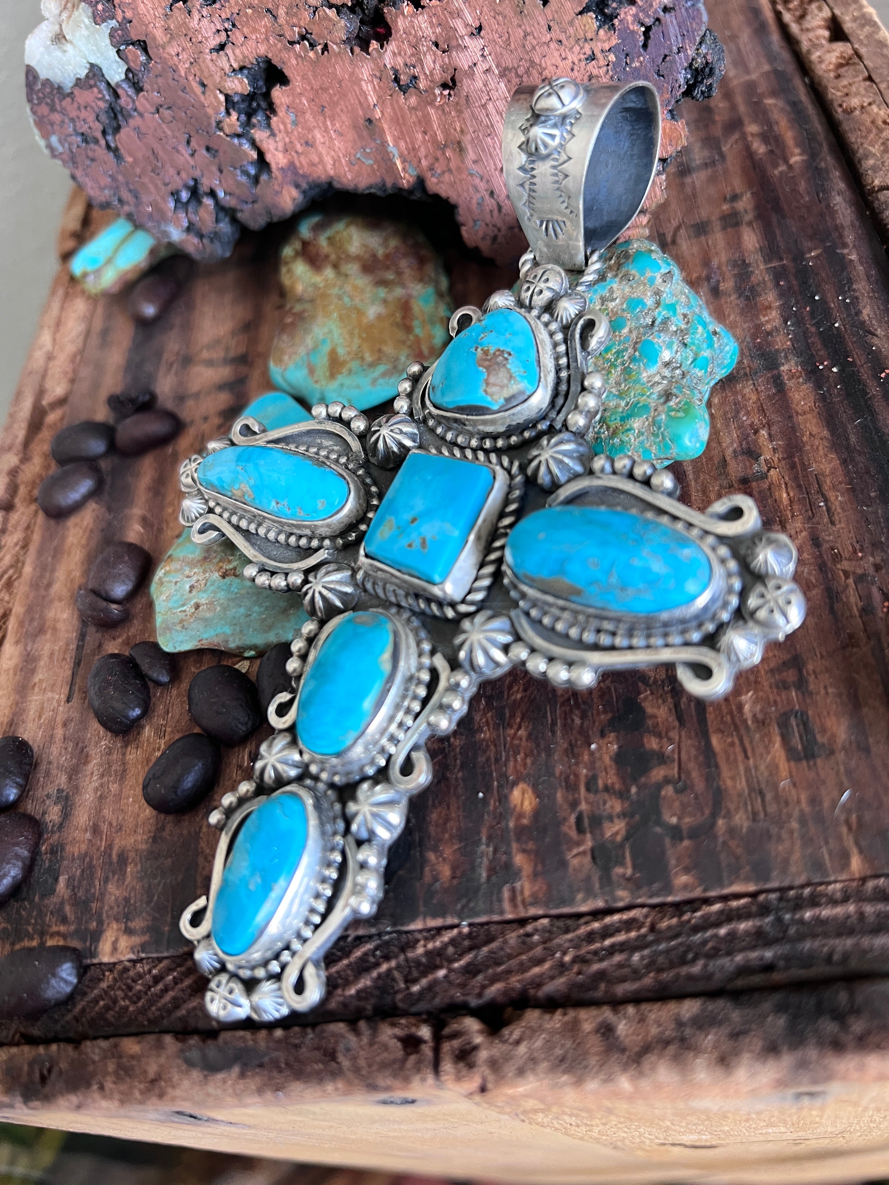 Sterling Silver and Royston Turquoise Cross Pendant by Rosella Paxson