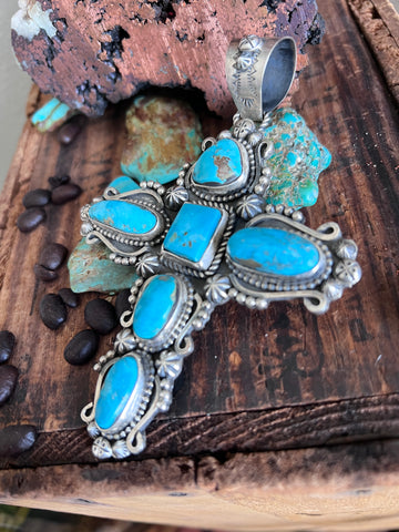 Sterling Silver and Royston Turquoise Cross Pendant by Rosella Paxson