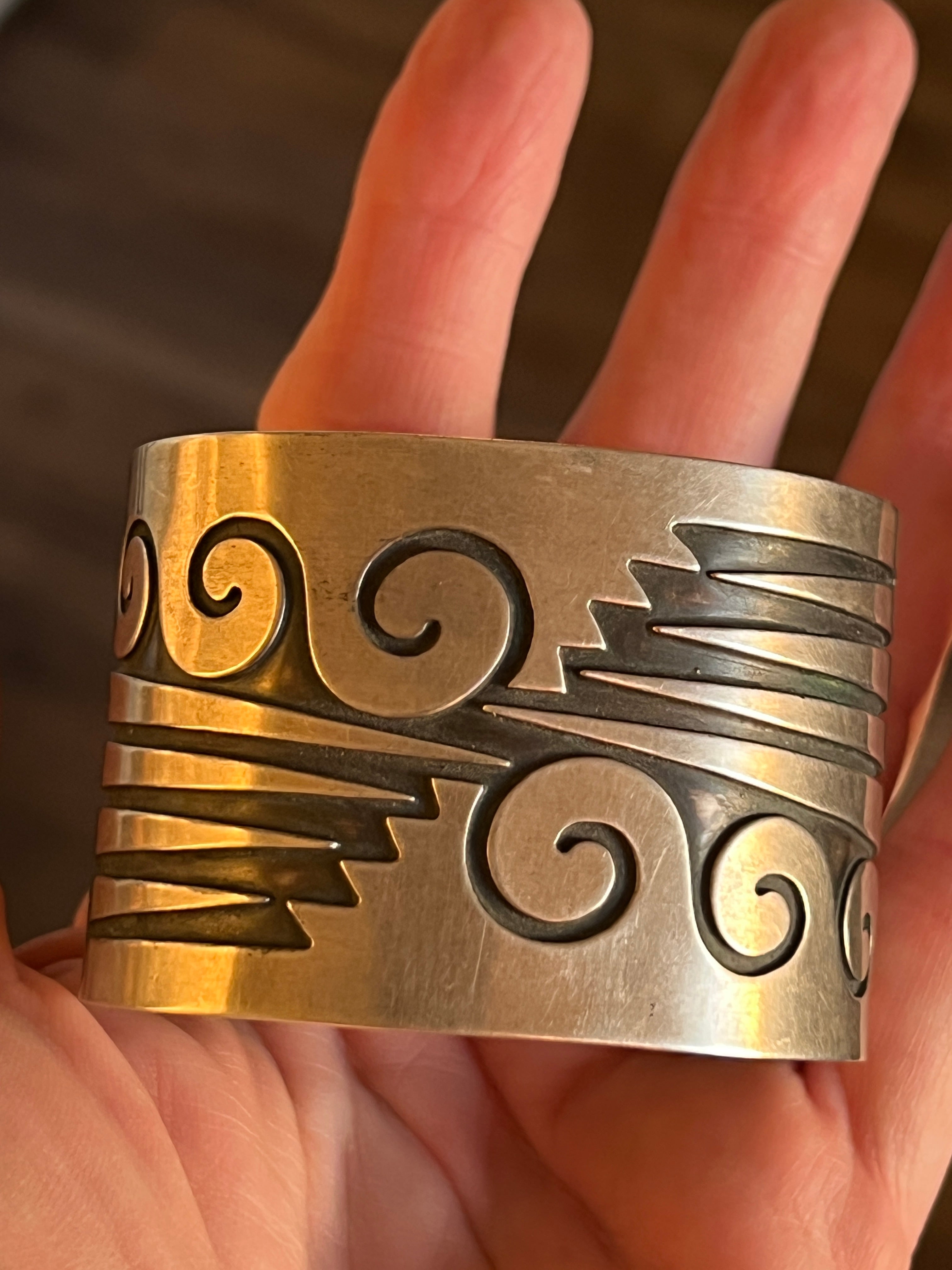 Handcrafted Old Pawn Sterling Silver Water Design Overlay Cuff, Unsigned