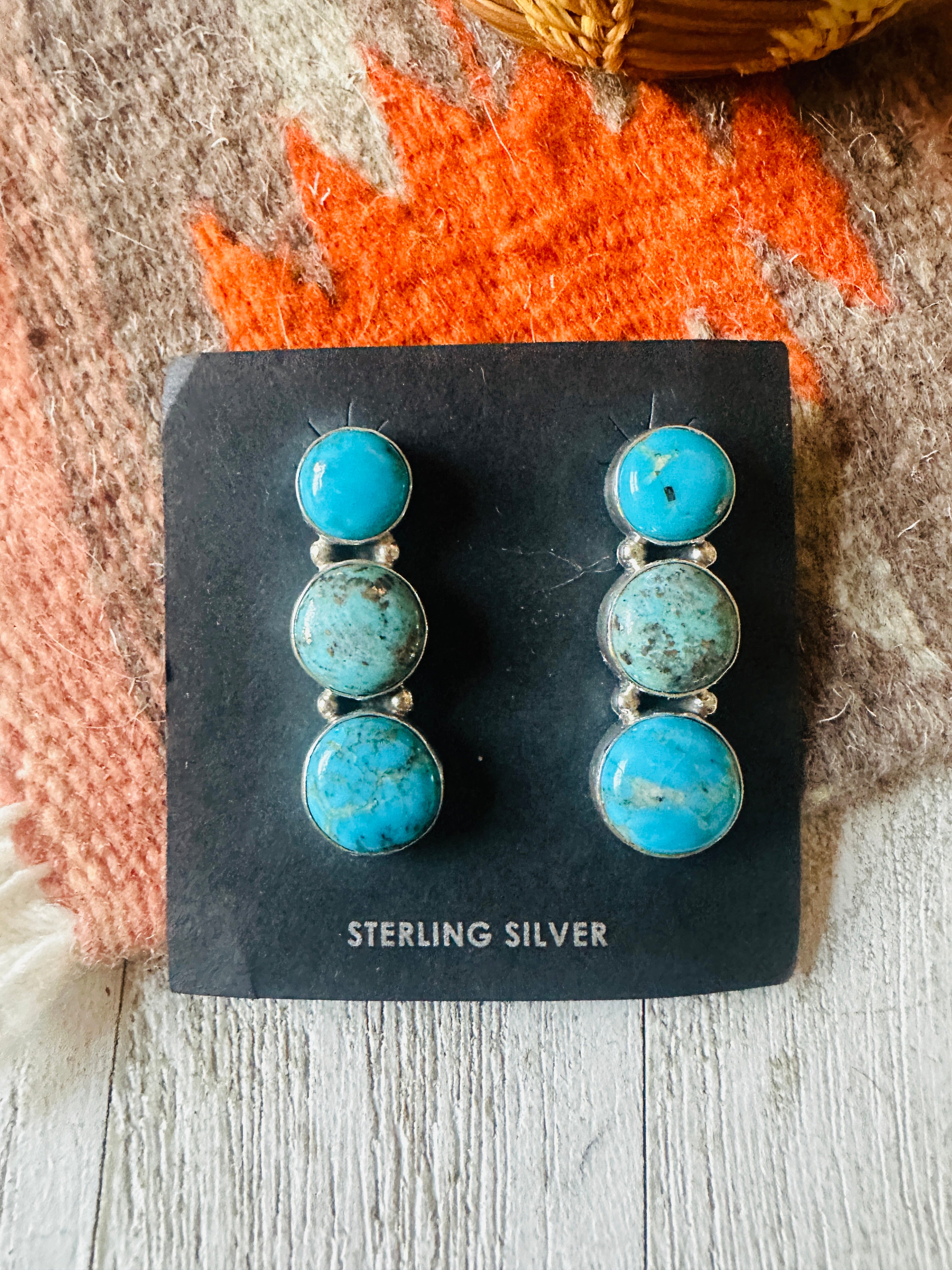 Navajo 3-Stone Turquoise And Sterling Silver Dangle Earrings