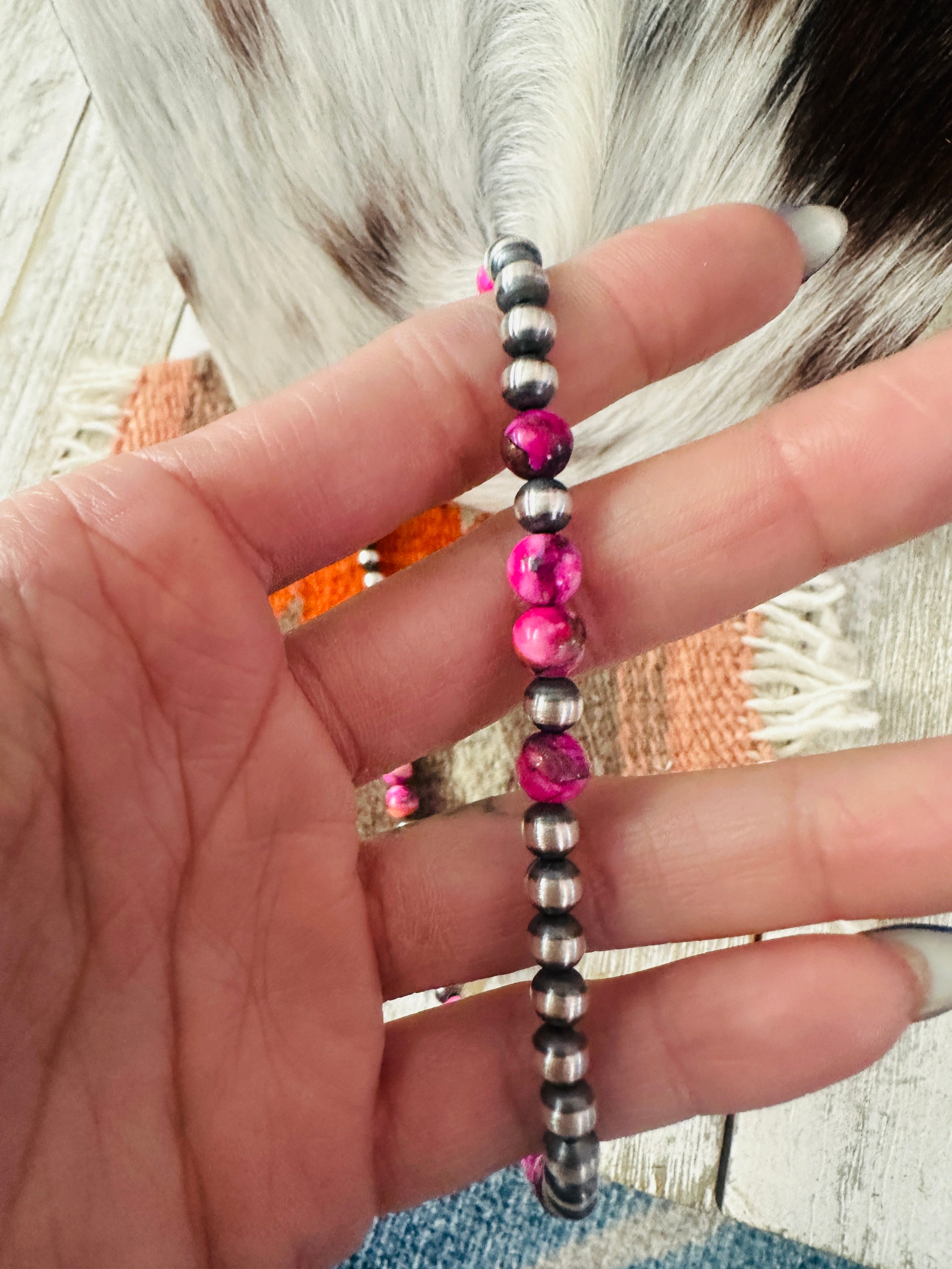 Handcrafted Sterling Silver & Pink Mojave Beaded Necklace