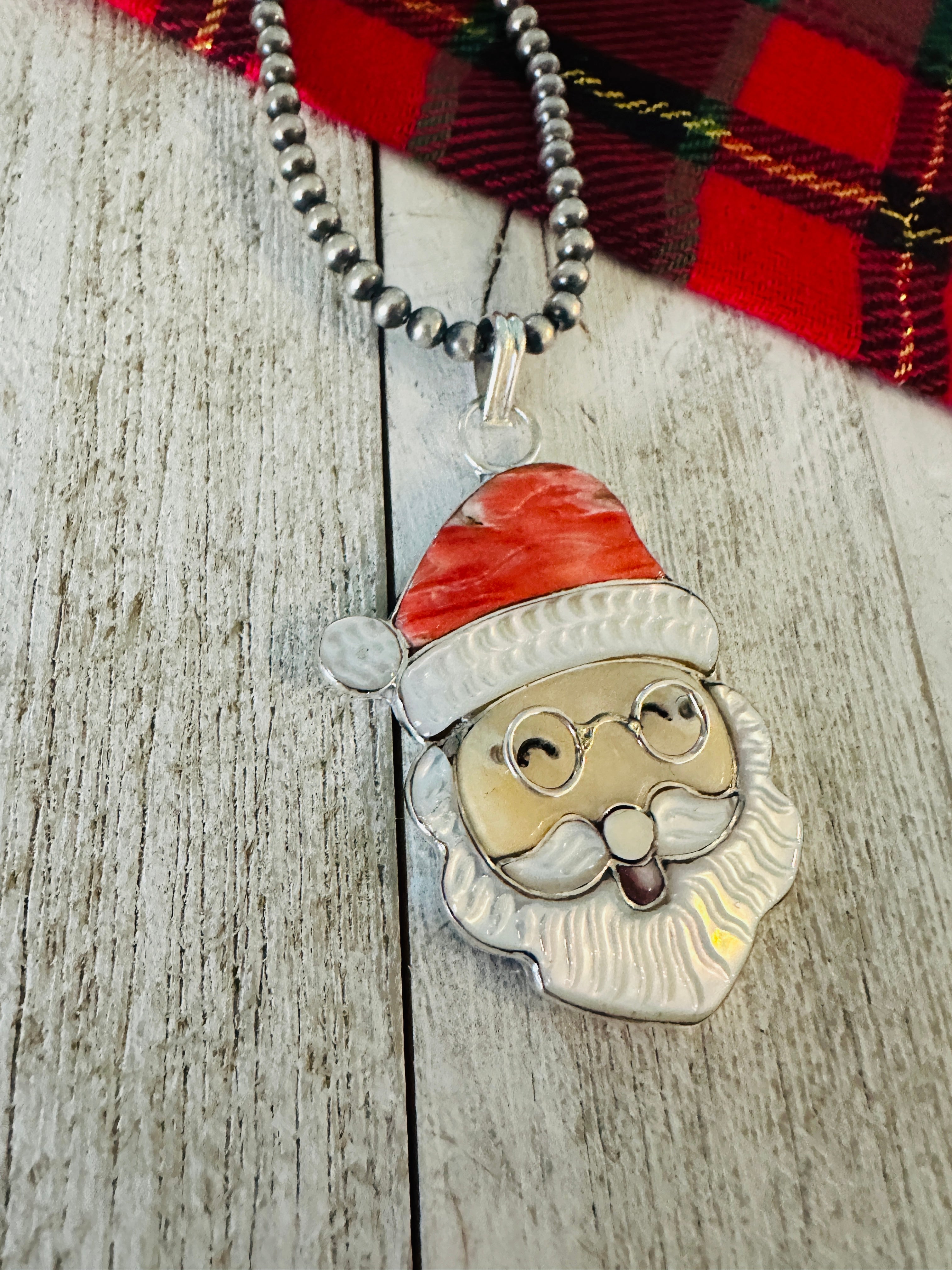 Zuni Multi Stone & Sterling Silver Inlay Santa Claus Pendant