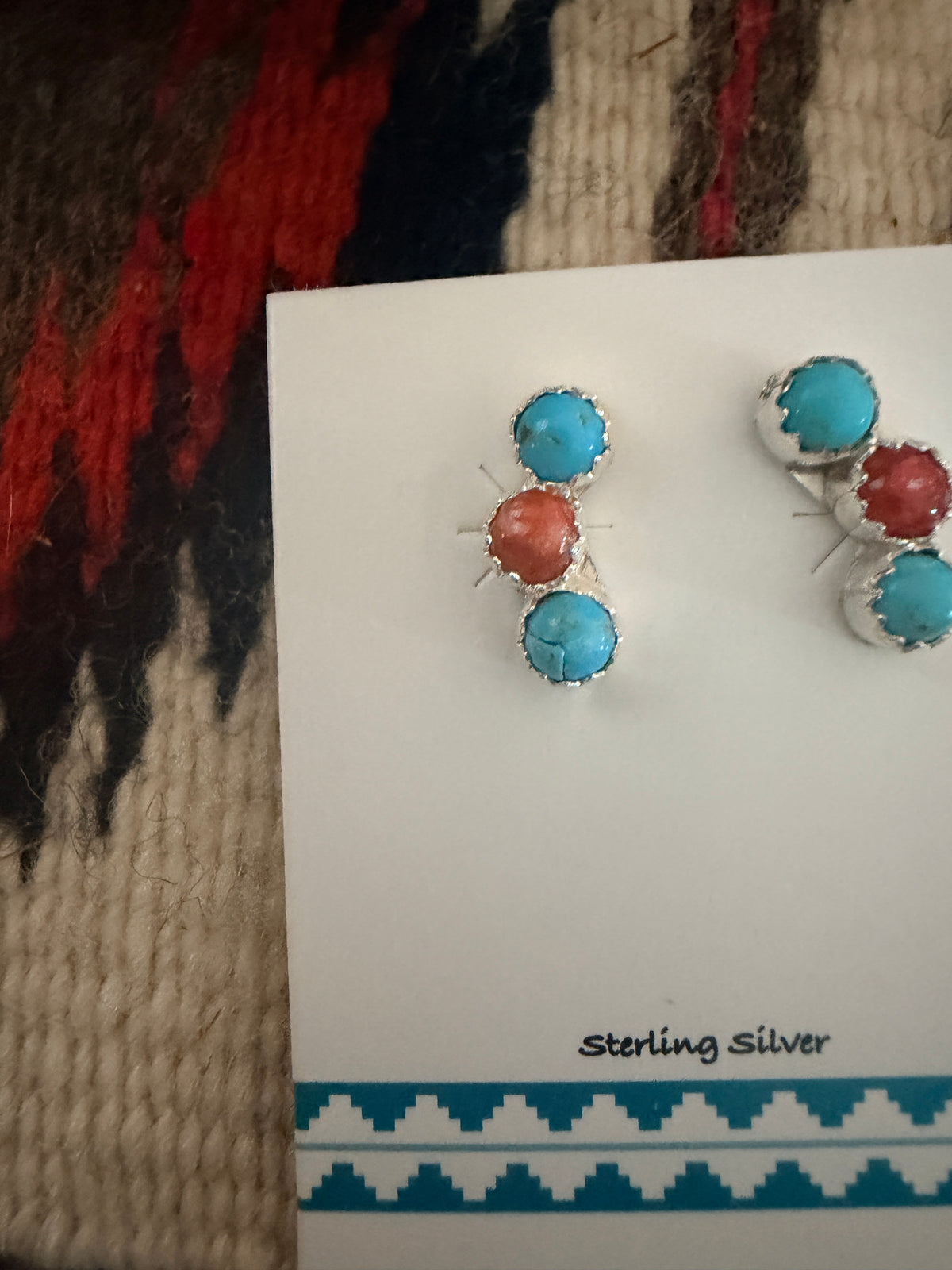 Handcrafted Turquoise, Coral & Sterling Silver Stud Earrings