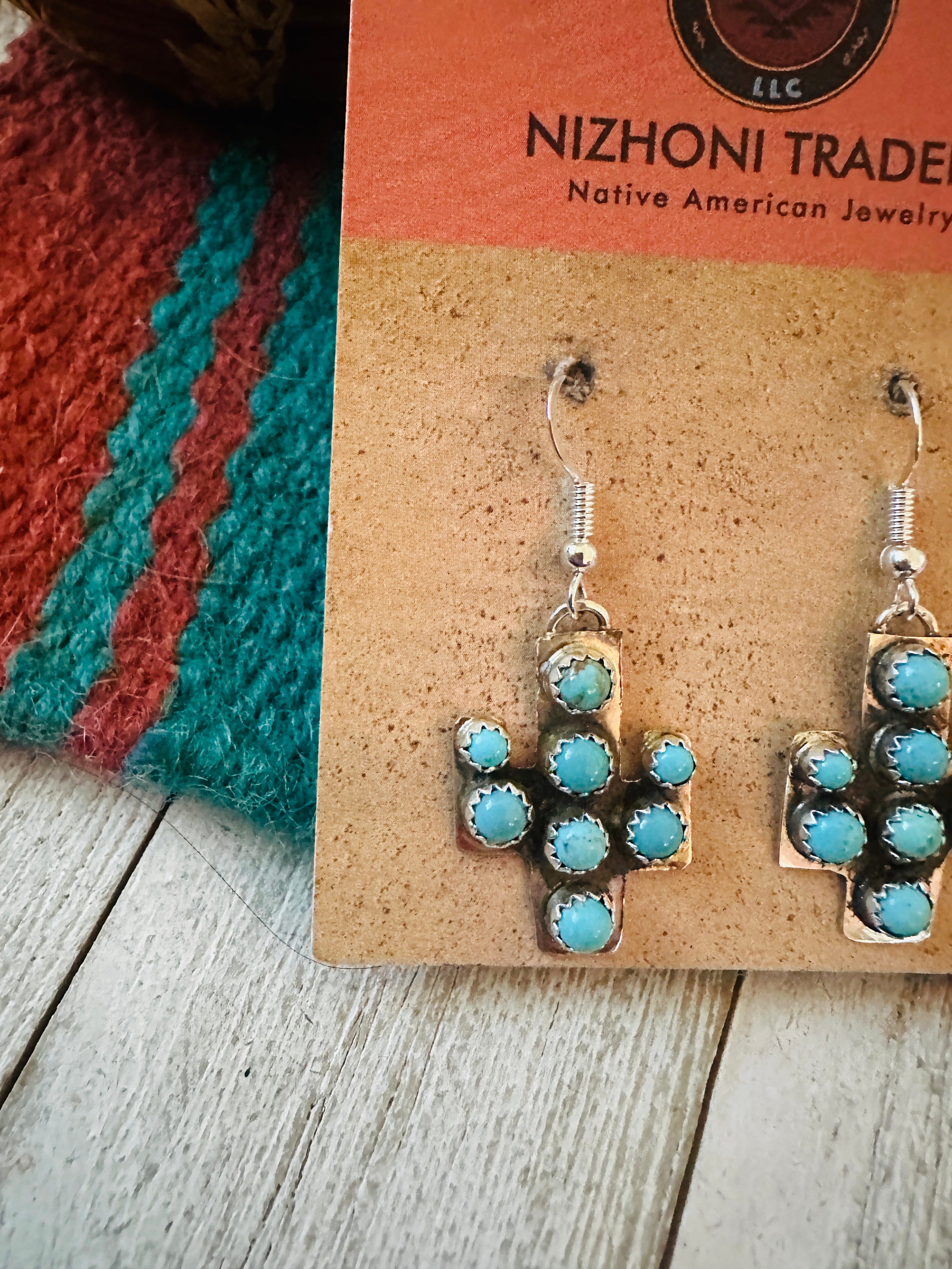 Navajo Sterling Silver & Turquoise Cactus Dangle Earrings