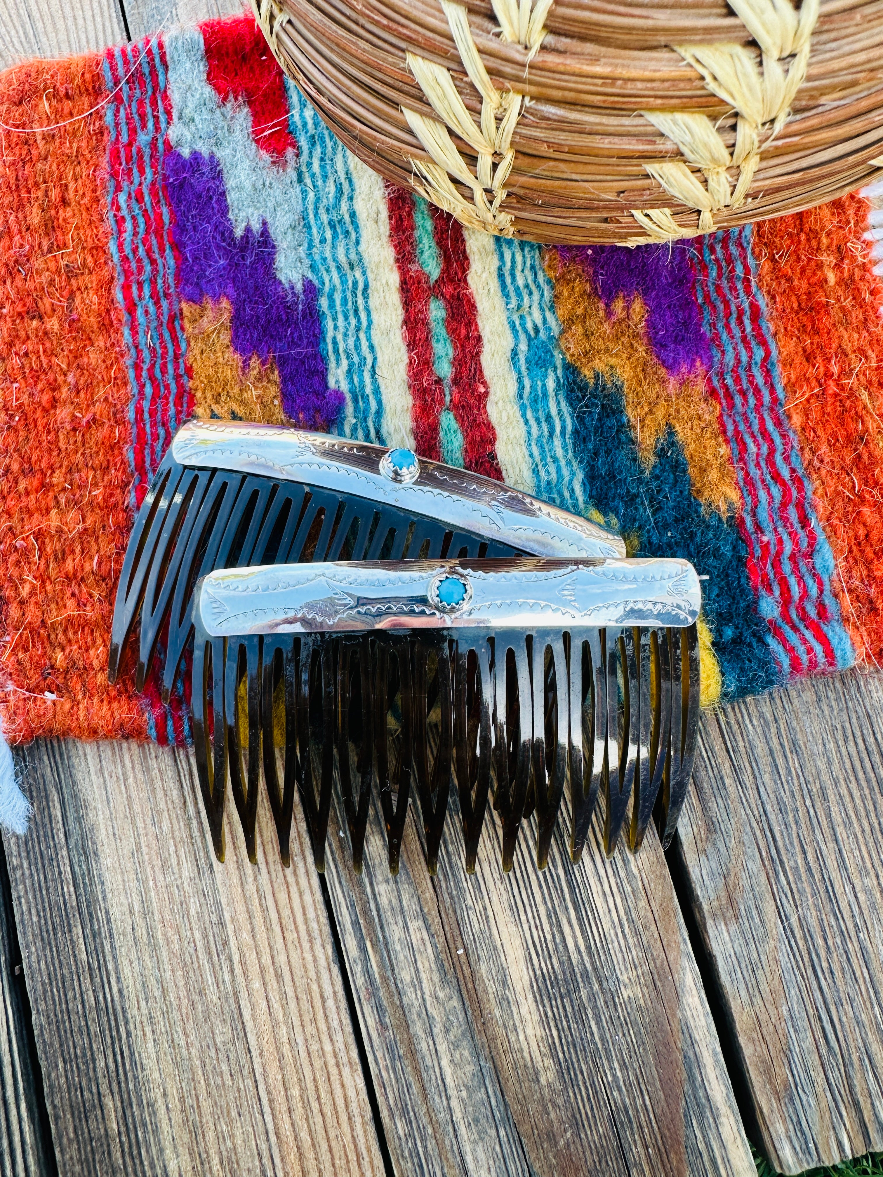 Handcrafted Turquoise & Sterling Silver Hair Comb Set