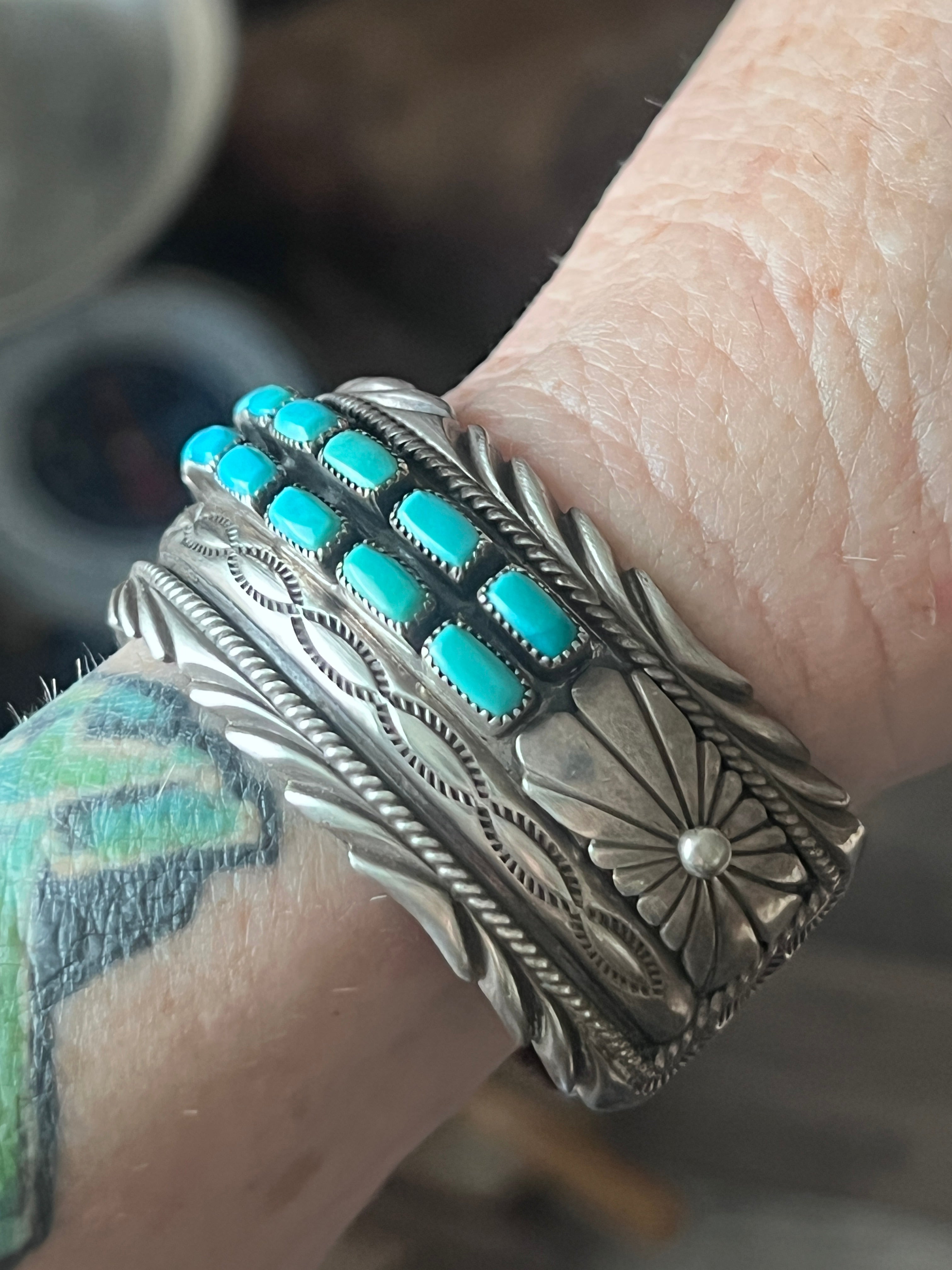 Vintage Sterling Silver and Kingman Turquoise Row Cuff by James Martin
