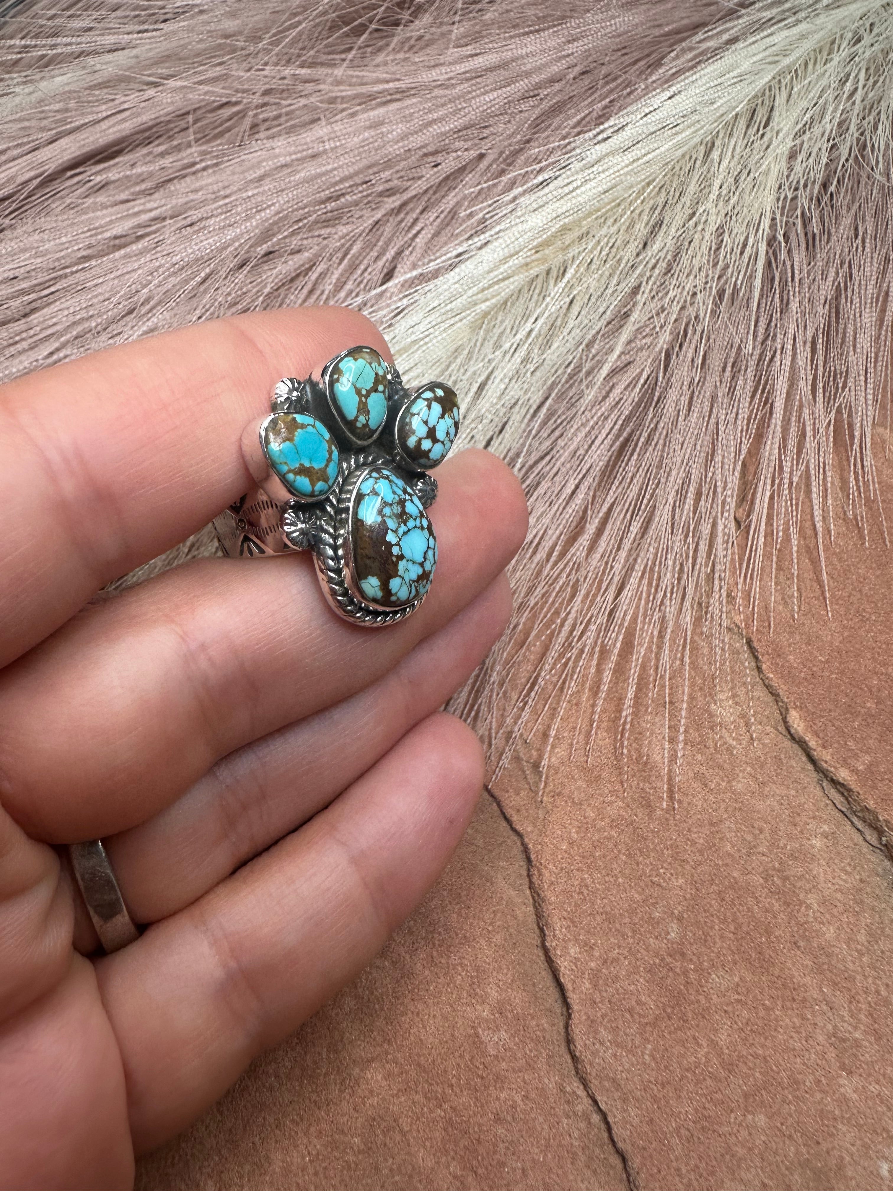 Beautiful Handmade Number 8 Turquoise And Sterling Silver Adjustable Ring