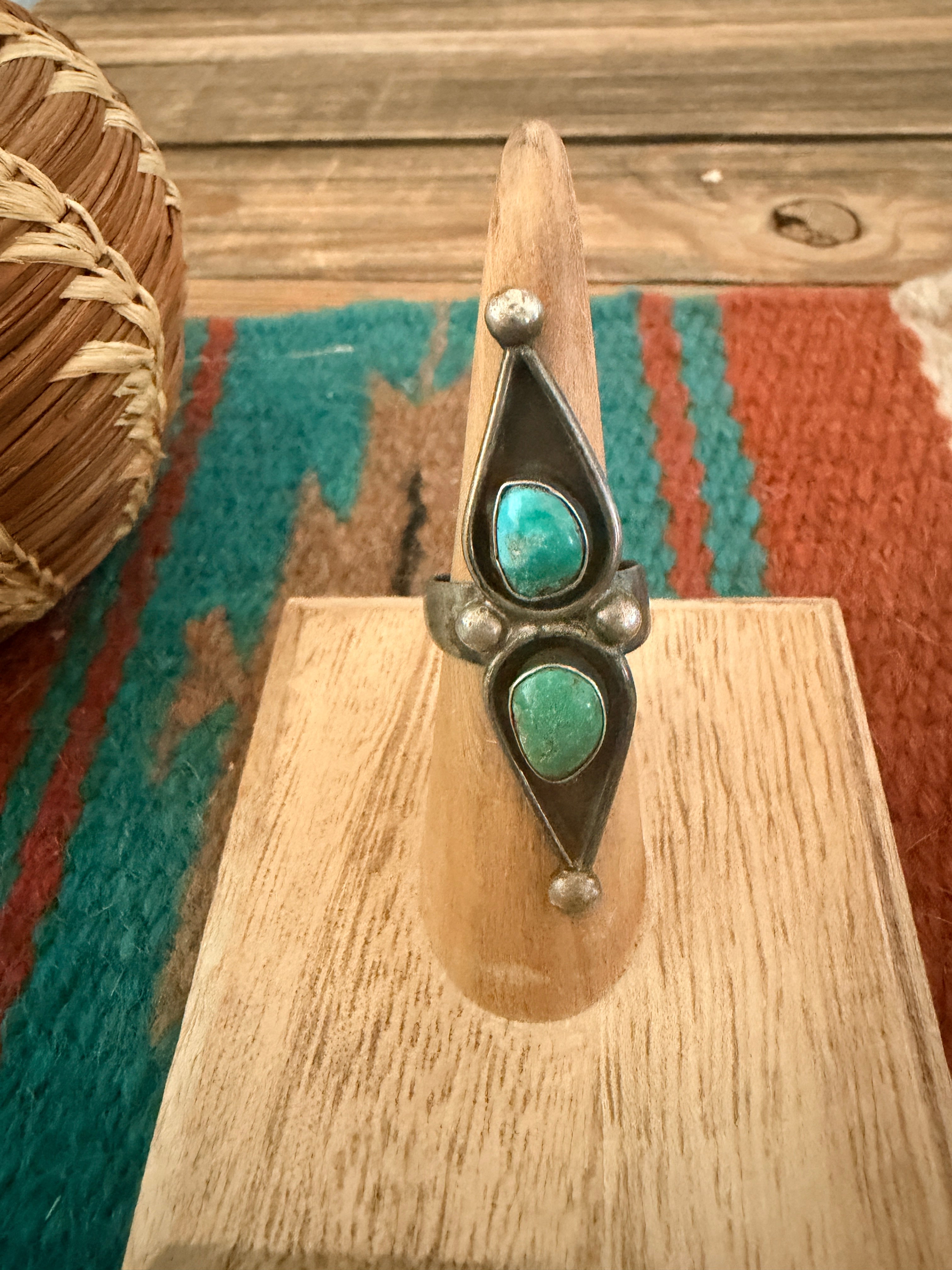 Old Pawn Handcrafted Turquoise & Sterling Silver Shadowbox Ring Size 6