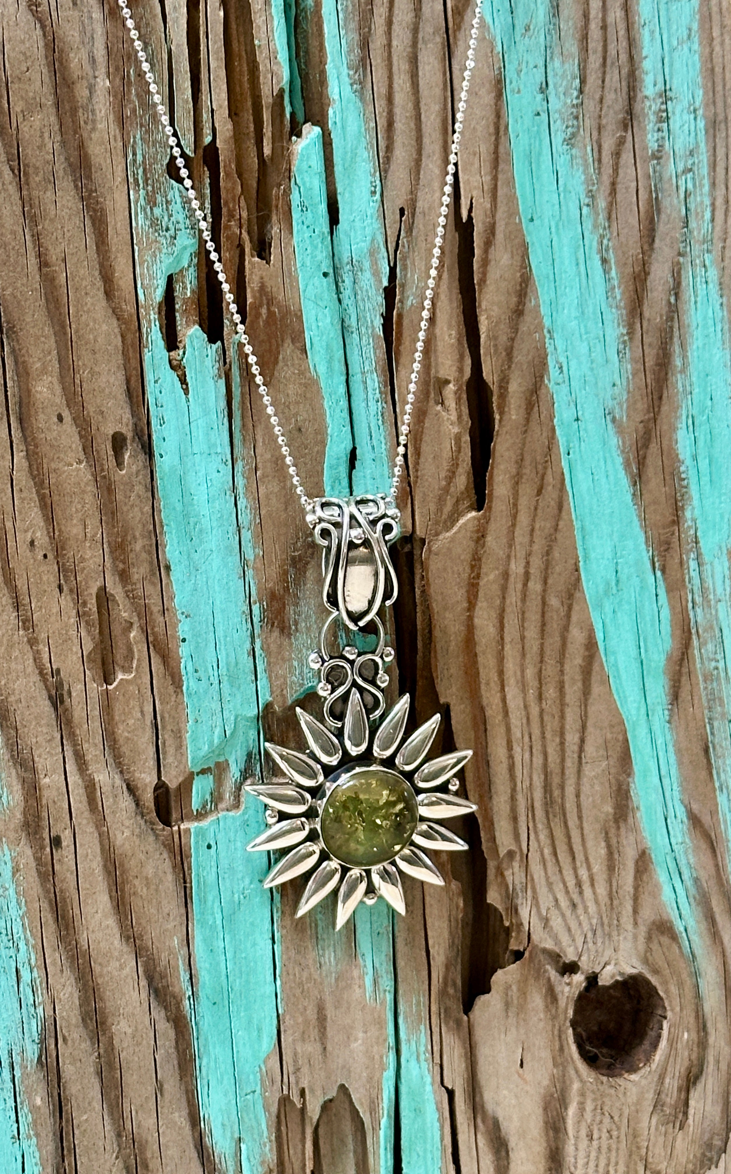 Amber Sunburst Pendant w/ Sterling Silver Necklace