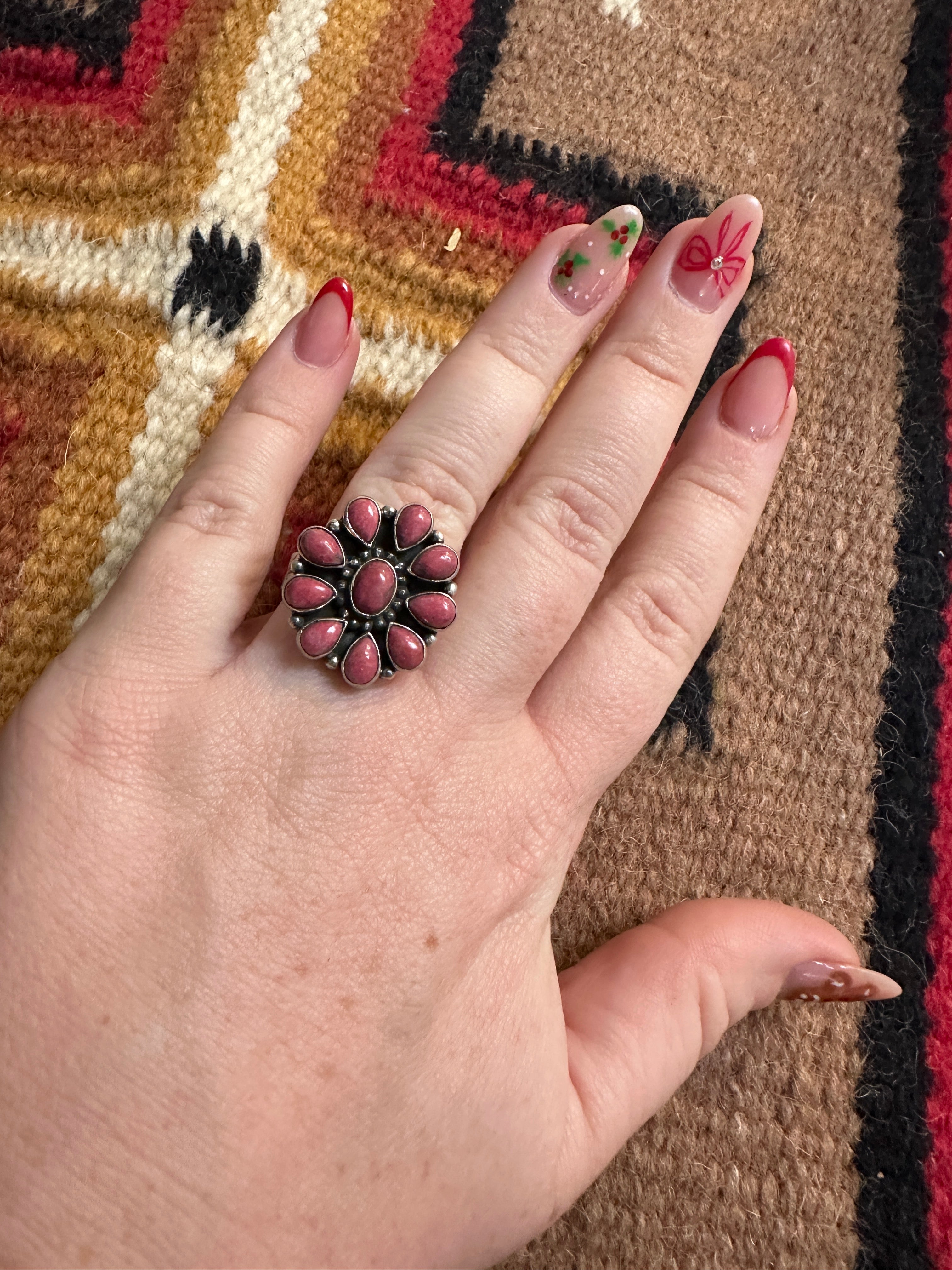 Beautiful Handmade Rhodonite And Sterling Silver Adjustable Cluster Flower Ring