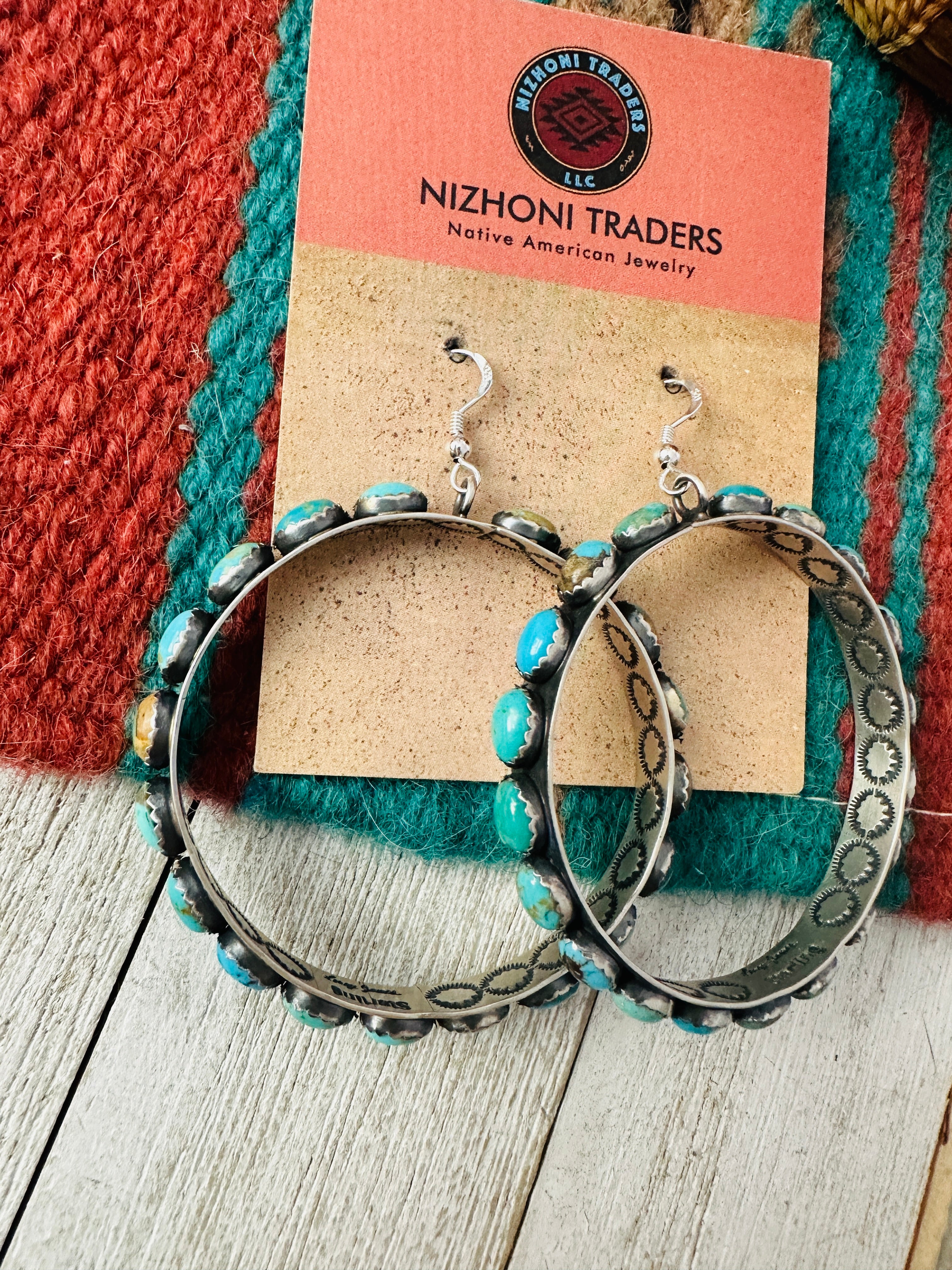 Navajo Turquoise & Sterling Silver Dangle Hoop Earrings by Lerry James