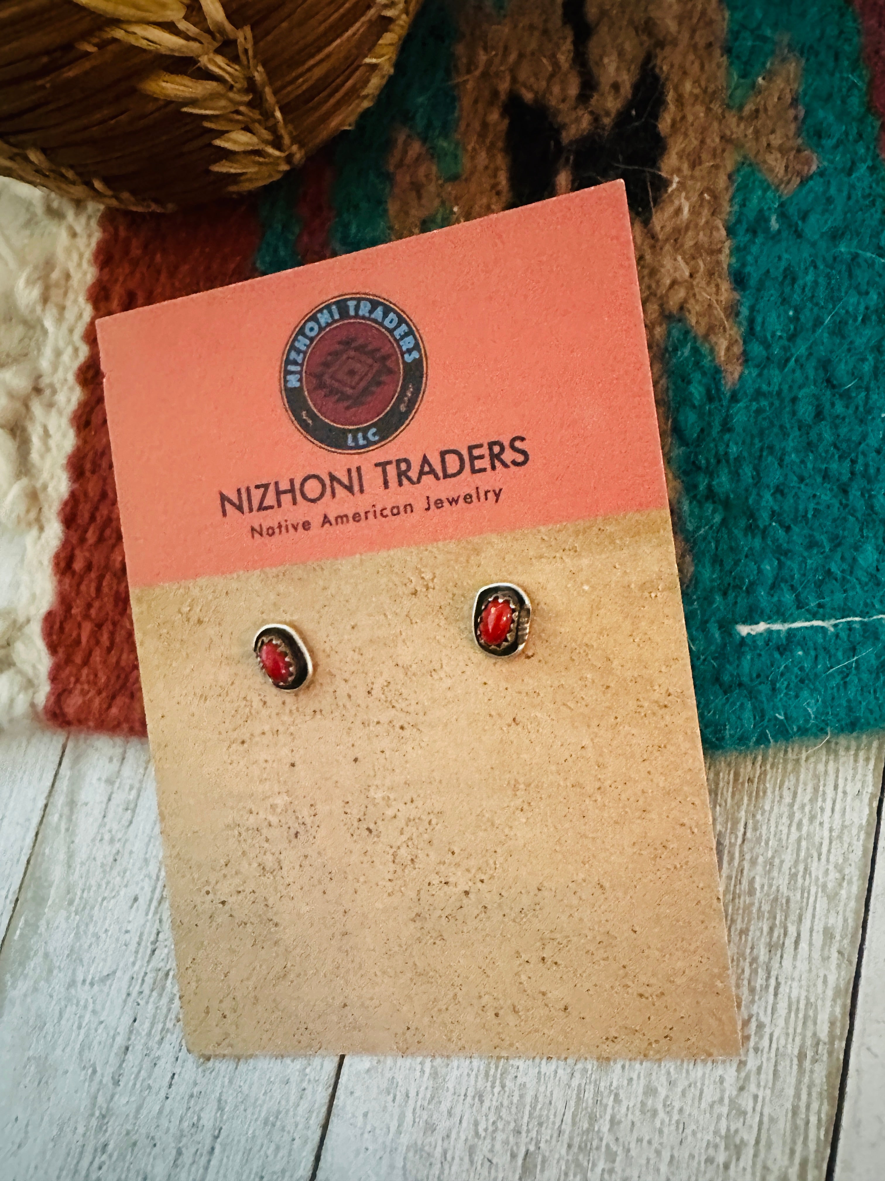 Navajo Coral and Sterling Silver Shadowbox Stud Earrings