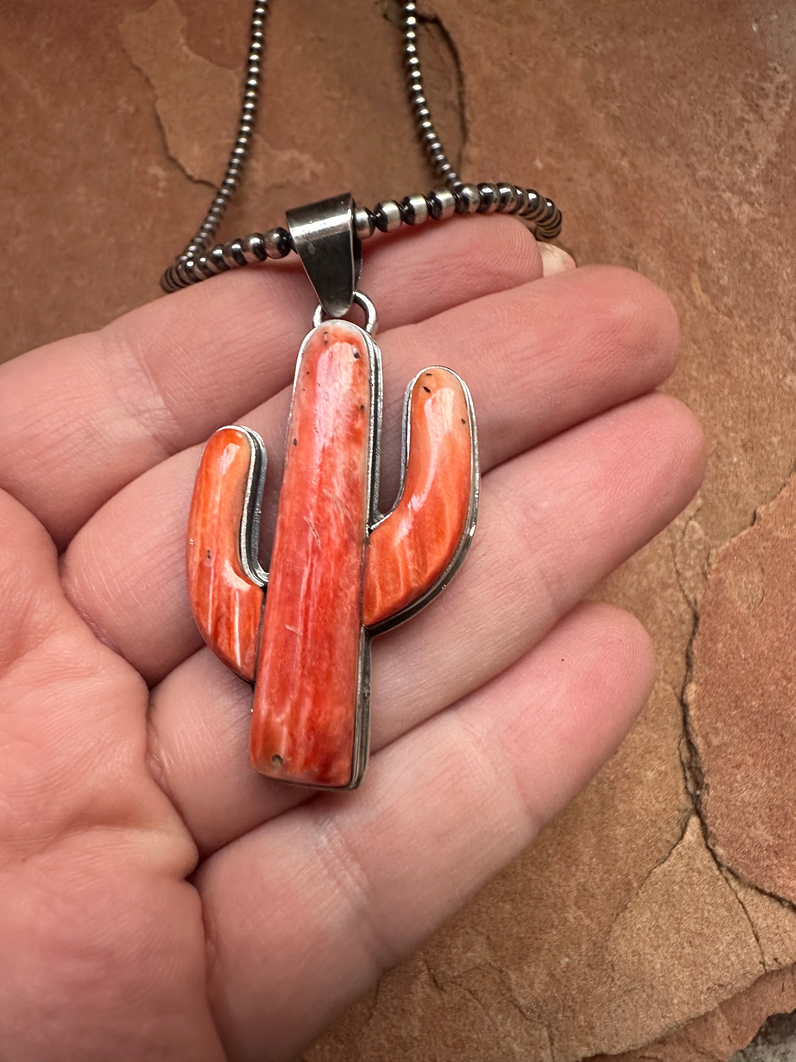 Handmade Sterling Silver Coral Cactus Pendant