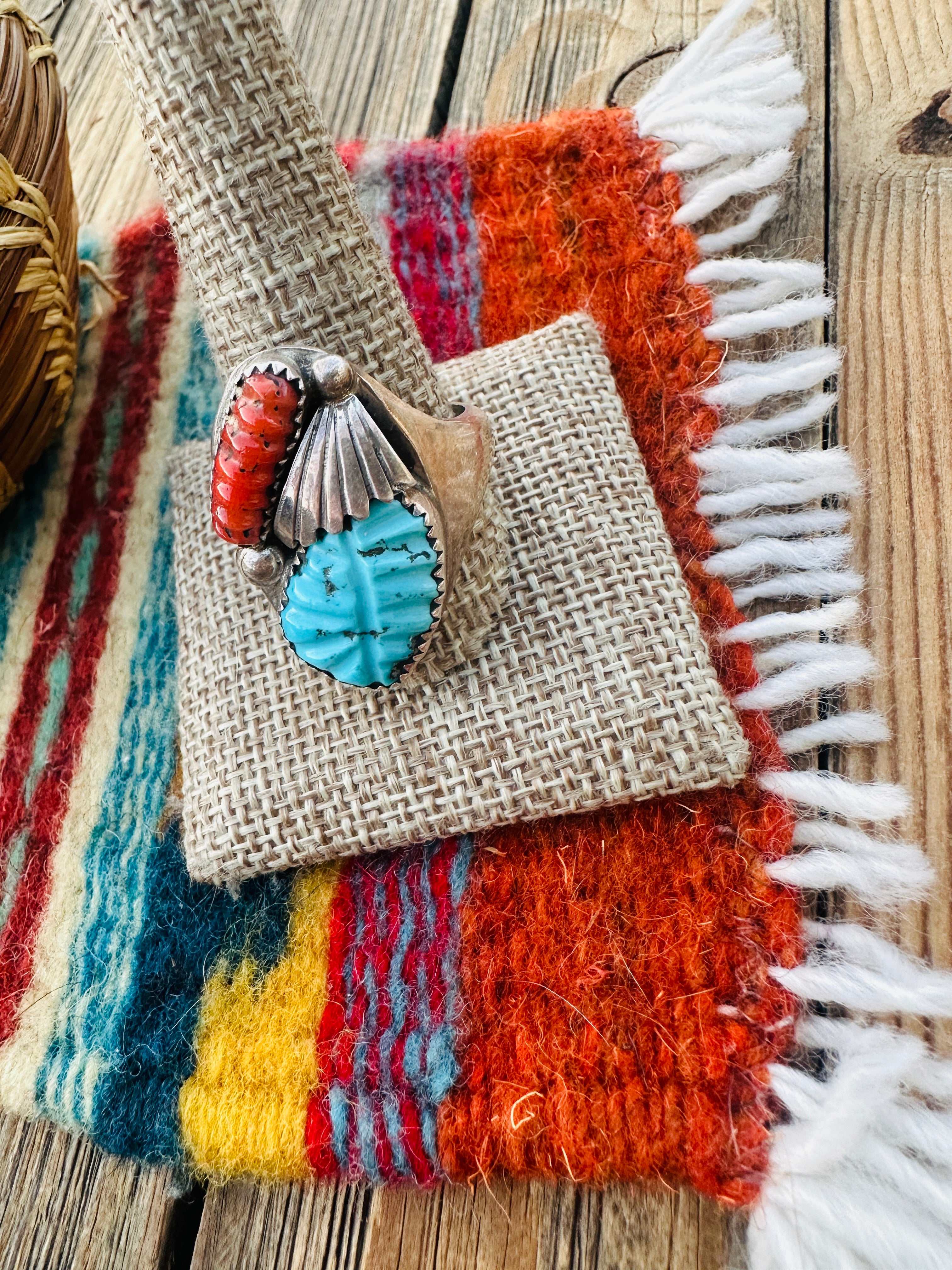 Old Pawn Handcrafted Turquoise, Coral & Sterling Silver Ring Size 12