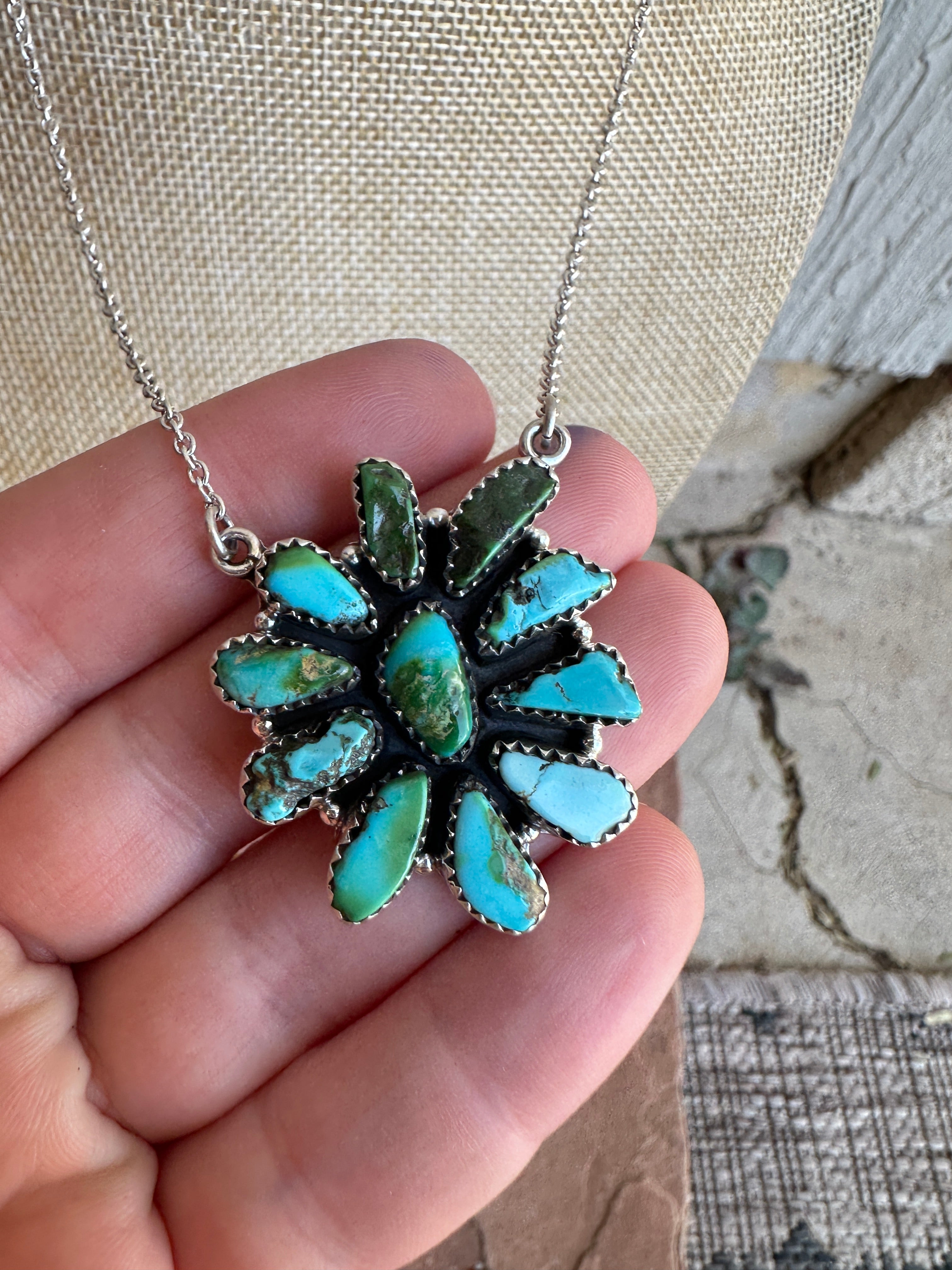 Beautiful Handmade Sterling Silver & Turquoise Cluster Necklace