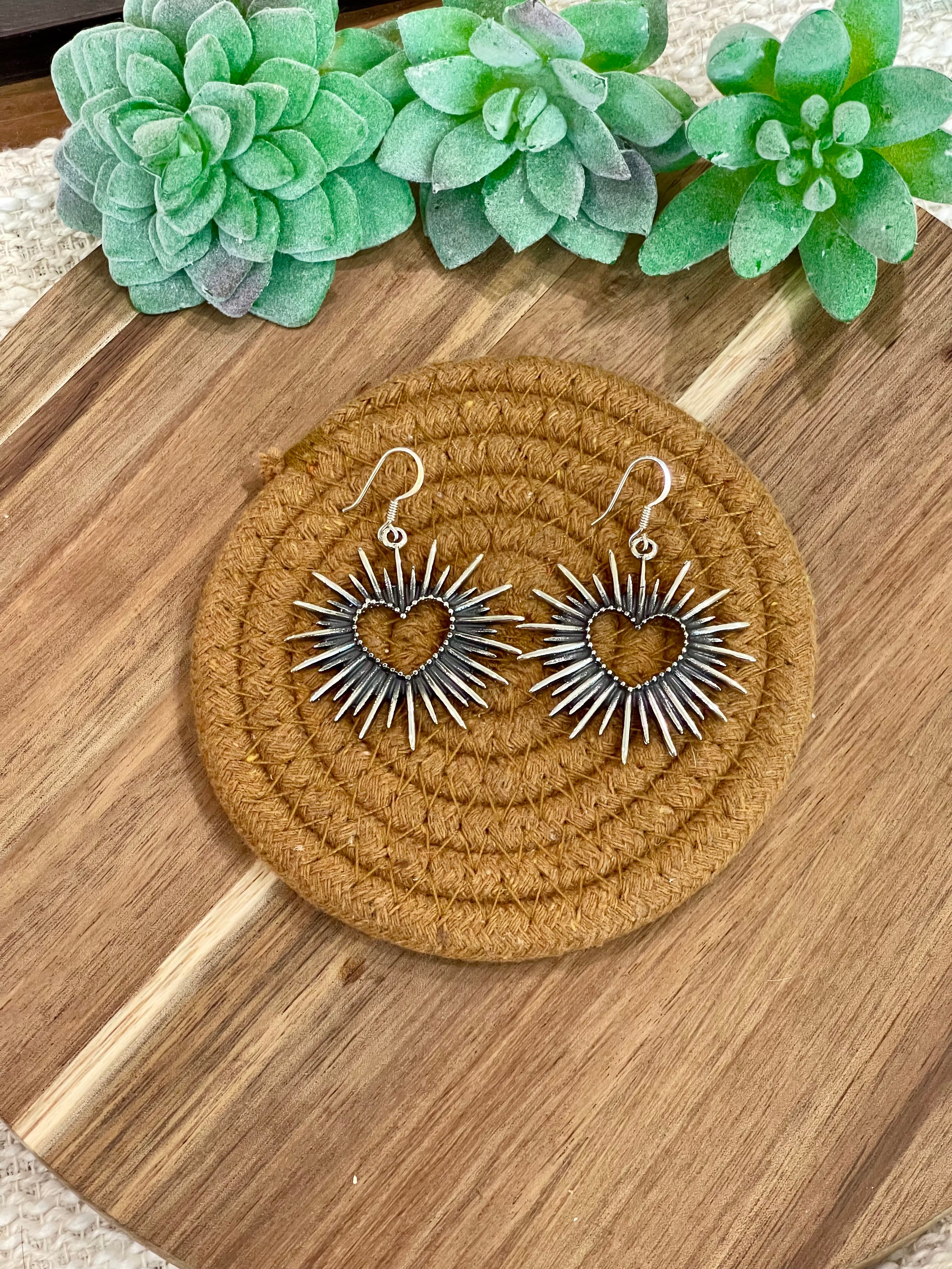 Handmade In Mexico Sterling Silver , Heart Dangle Earrings