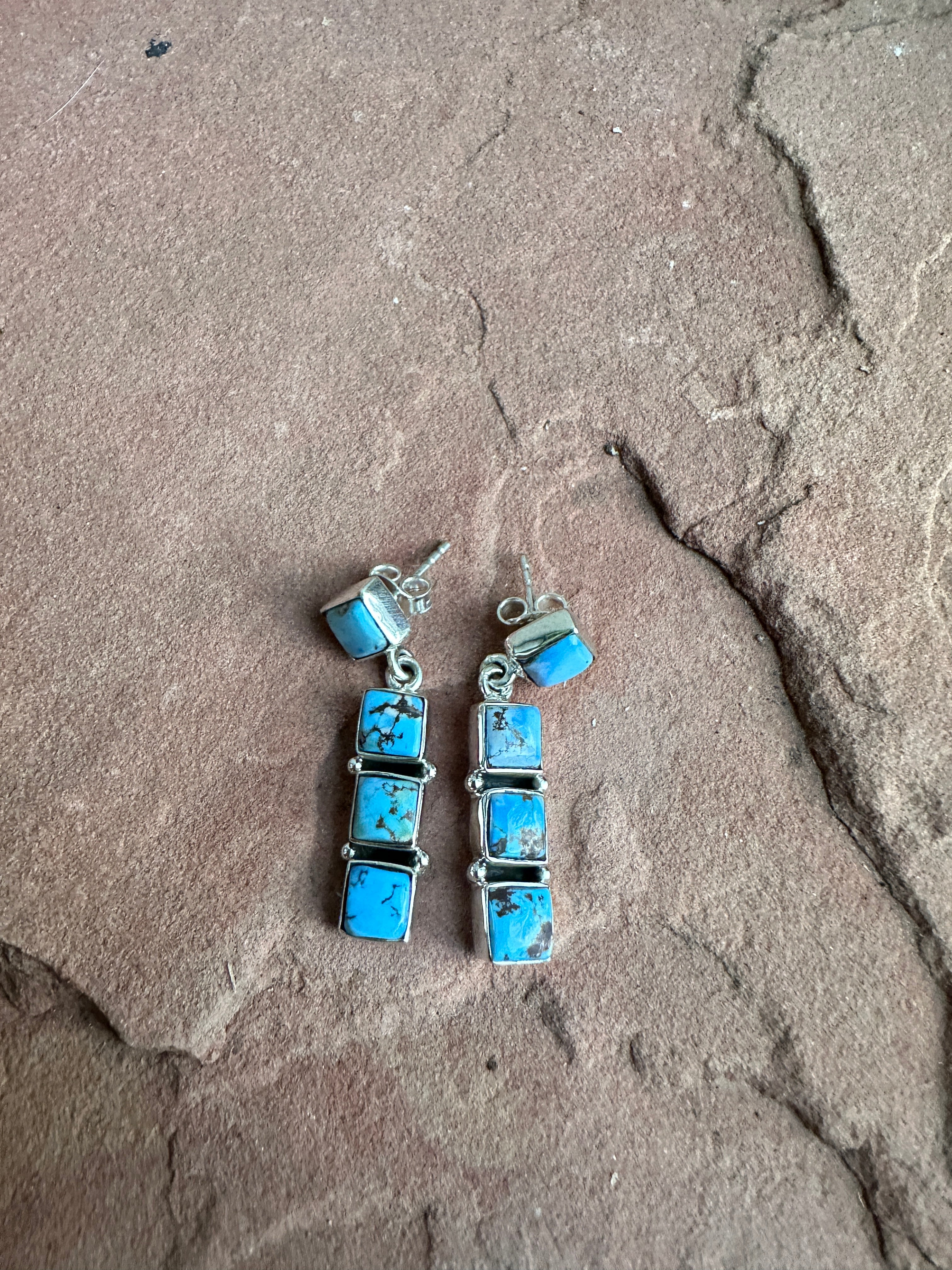 Handmade Golden Hills Turquoise & Sterling Silver Post Dangle Earrings