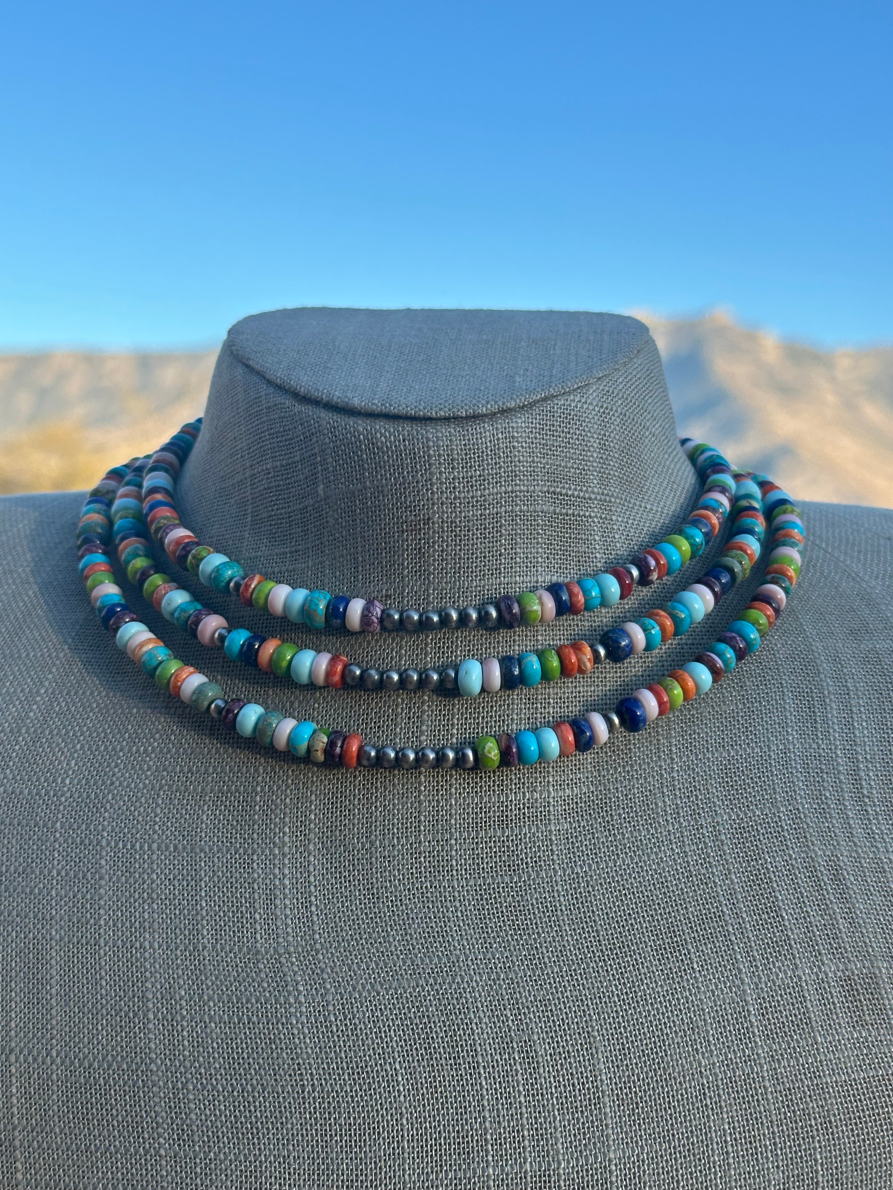 Navajo Handmade Multi Stone & Sterling Silver Beaded Wrap Choker Necklace