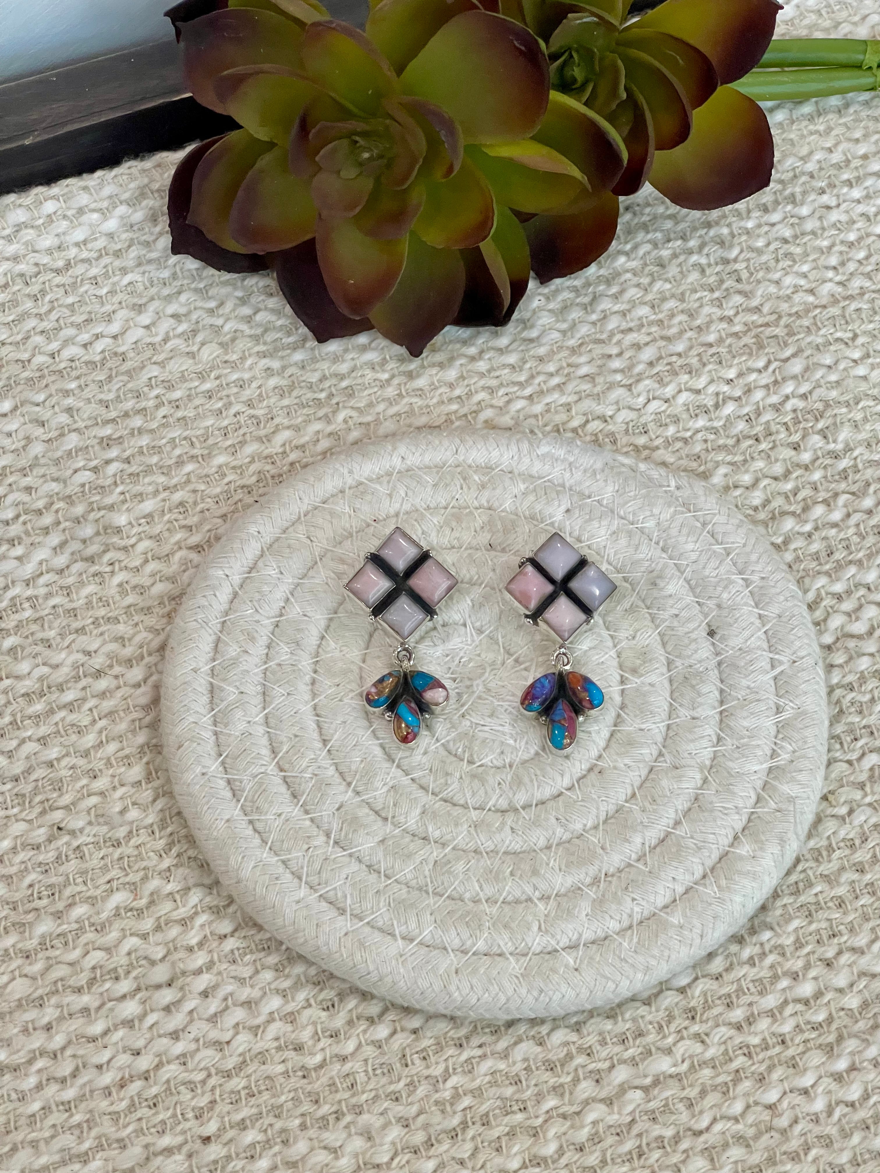 Handmade Purple Dream Mojave , Sterling Silver & Pink Opal Post Dangles