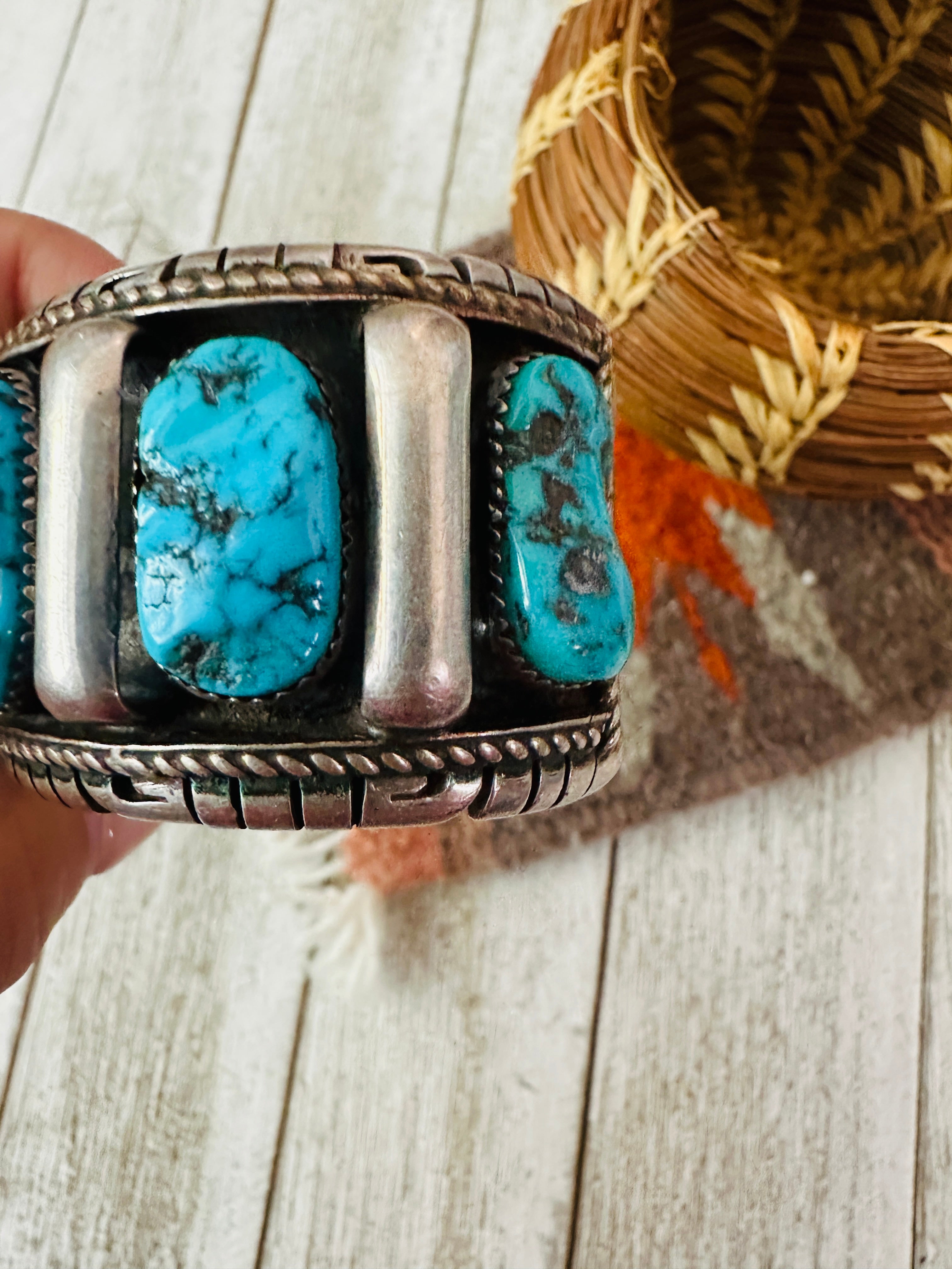 Handcrafted Old Pawn Kingman Turquoise Cluster & Sterling Silver Cuff Bracelet by Richard Hoskie /