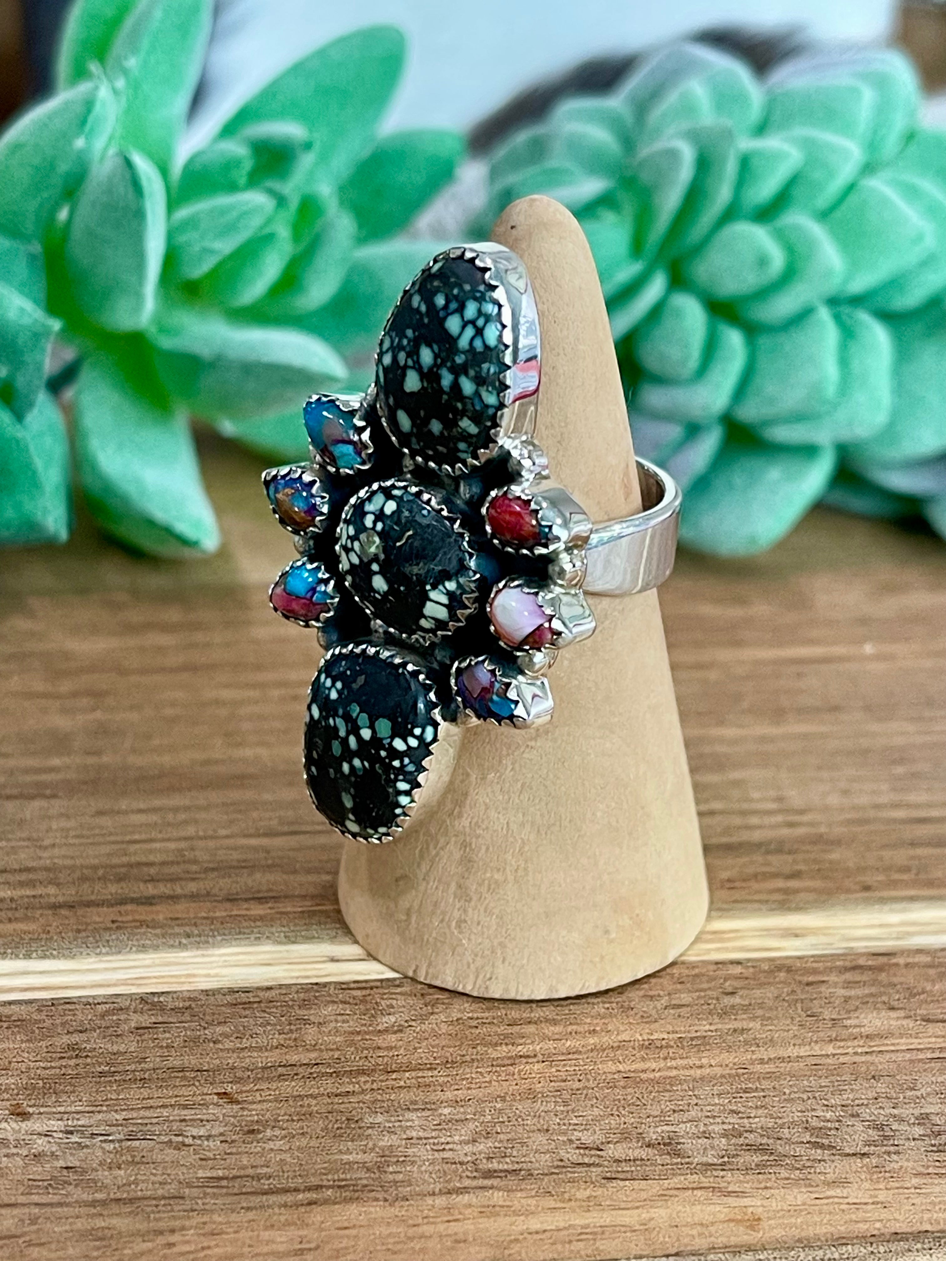 Beautiful Handmade New Lander Turquoise, Pink Dream Mojave And Sterling Silver Adjustable Ring