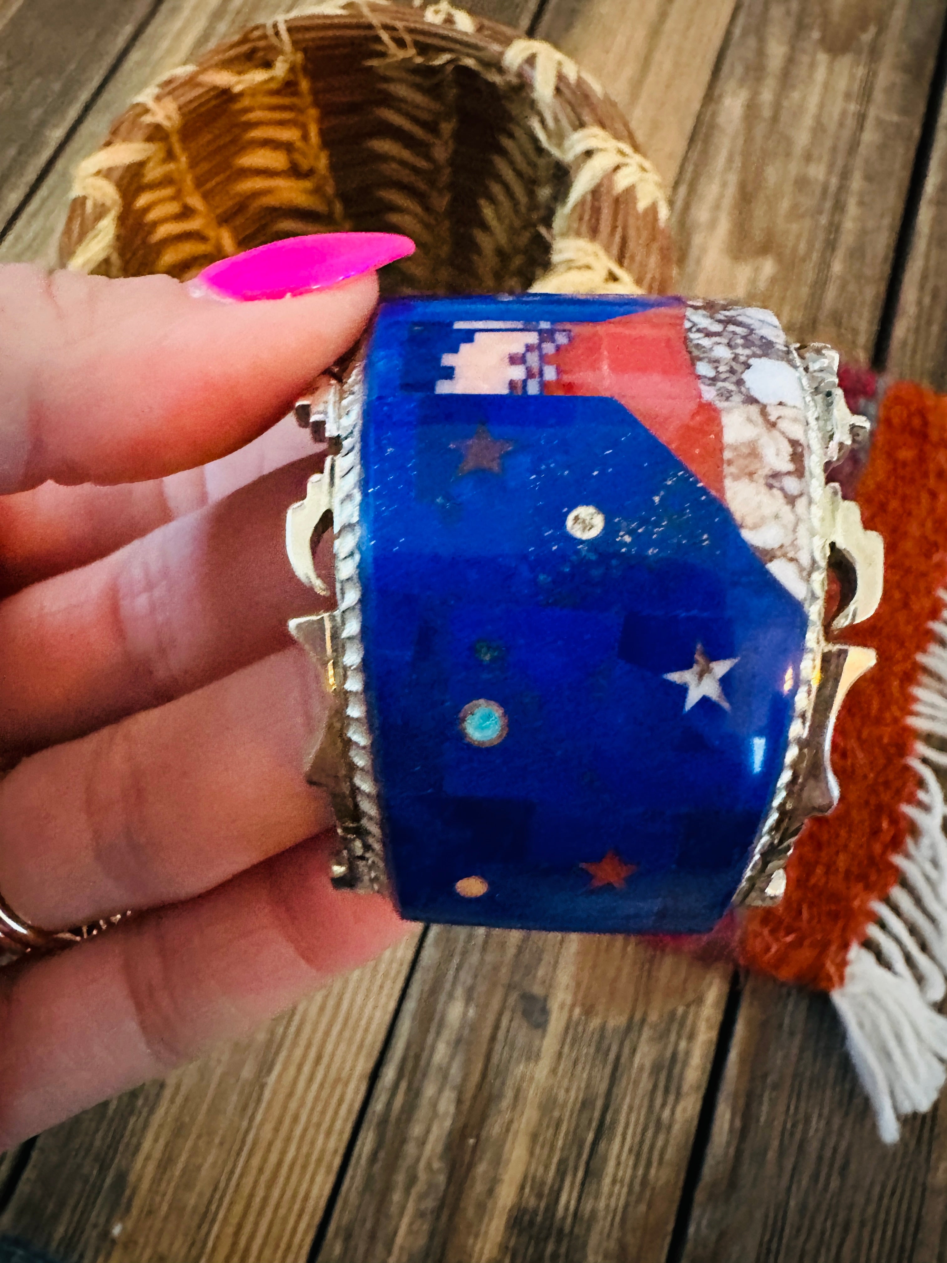 Handcrafted Sterling Silver & Multi Stone Inlay Pueblo Village Cuff Bracelet by Alvin Yellowhorse