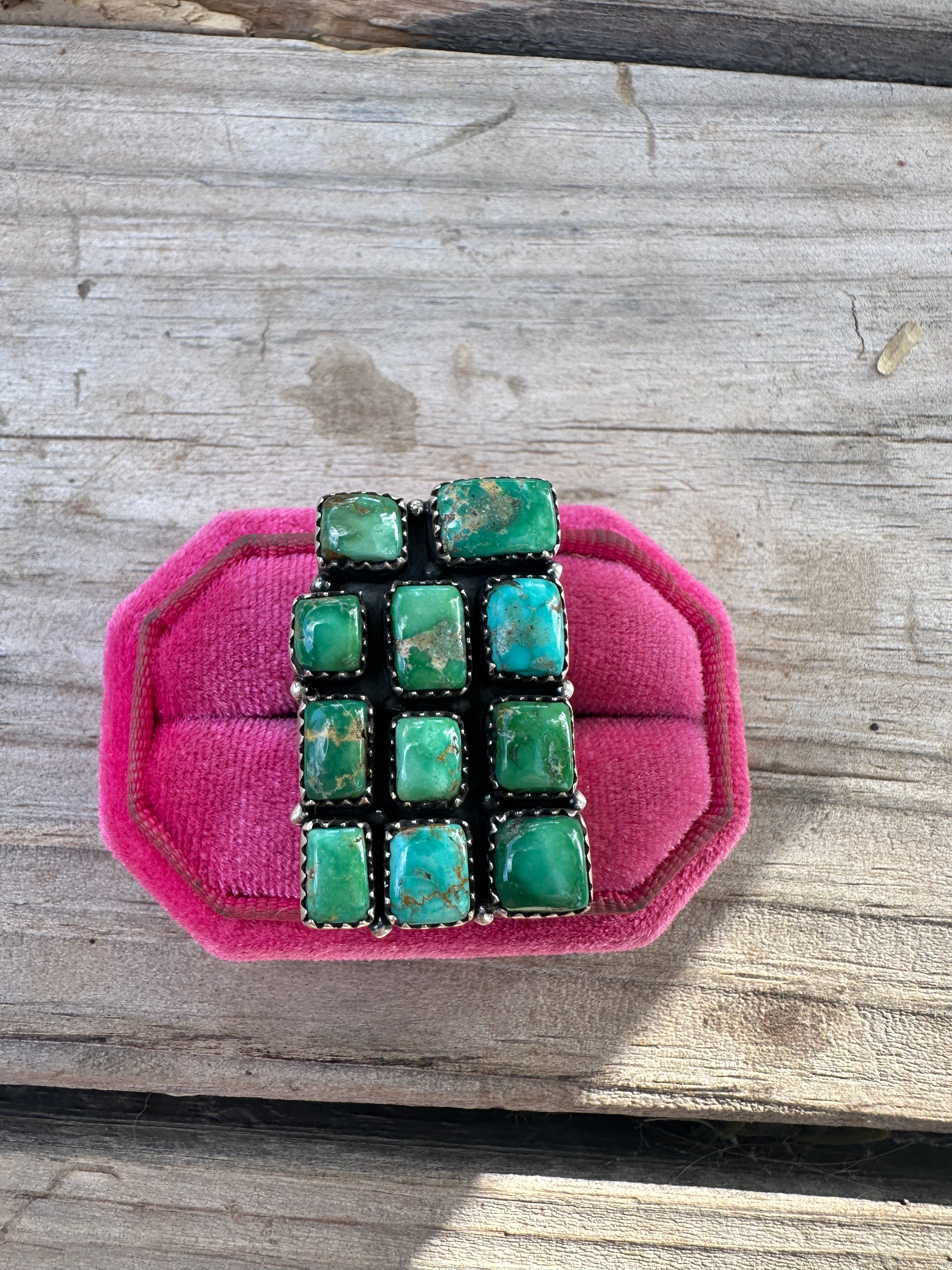 Handmade Emerald Valley Turquoise & Sterling Silver Adjustable Rectangle Cluster Ring