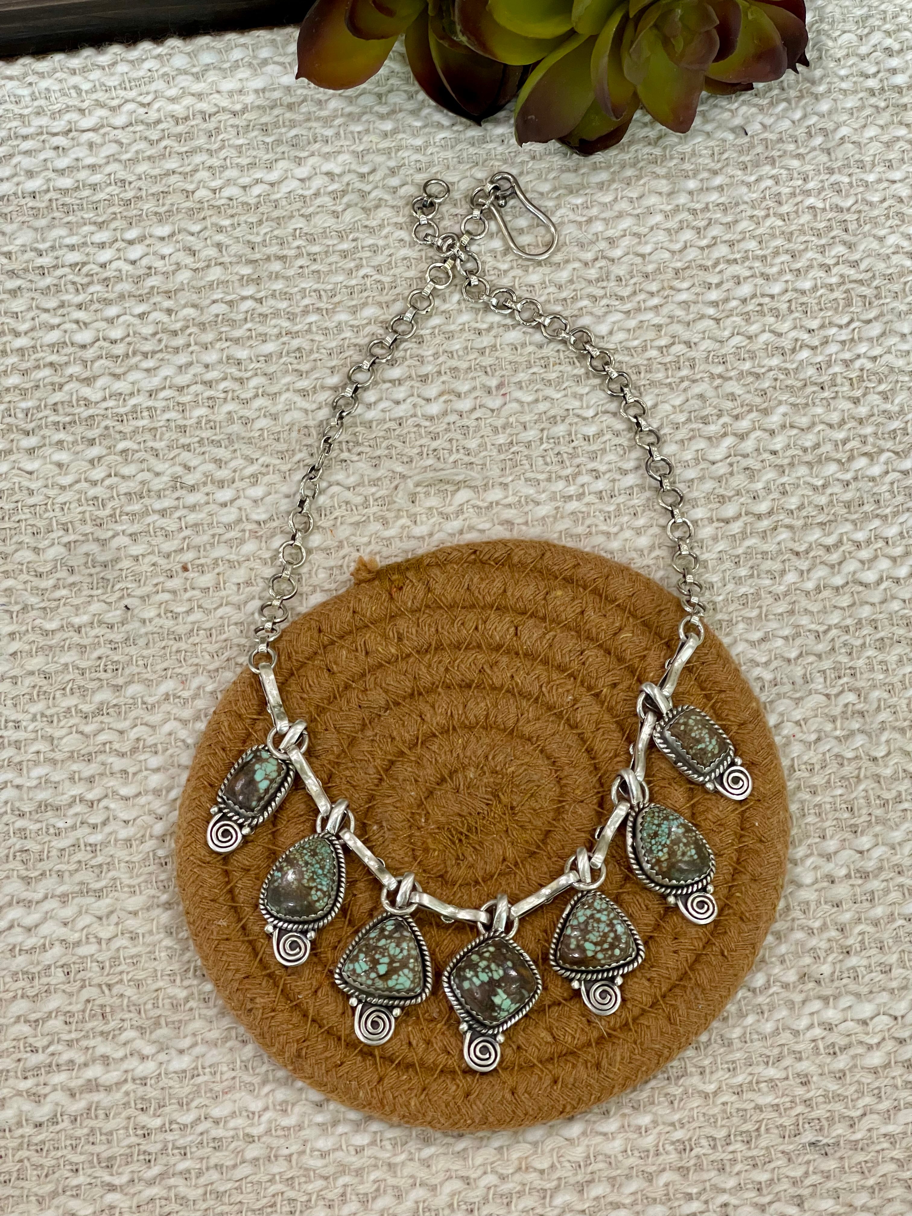 Handmade Sterling Silver Number 8 Turquoise Necklace with Signed Nizhoni