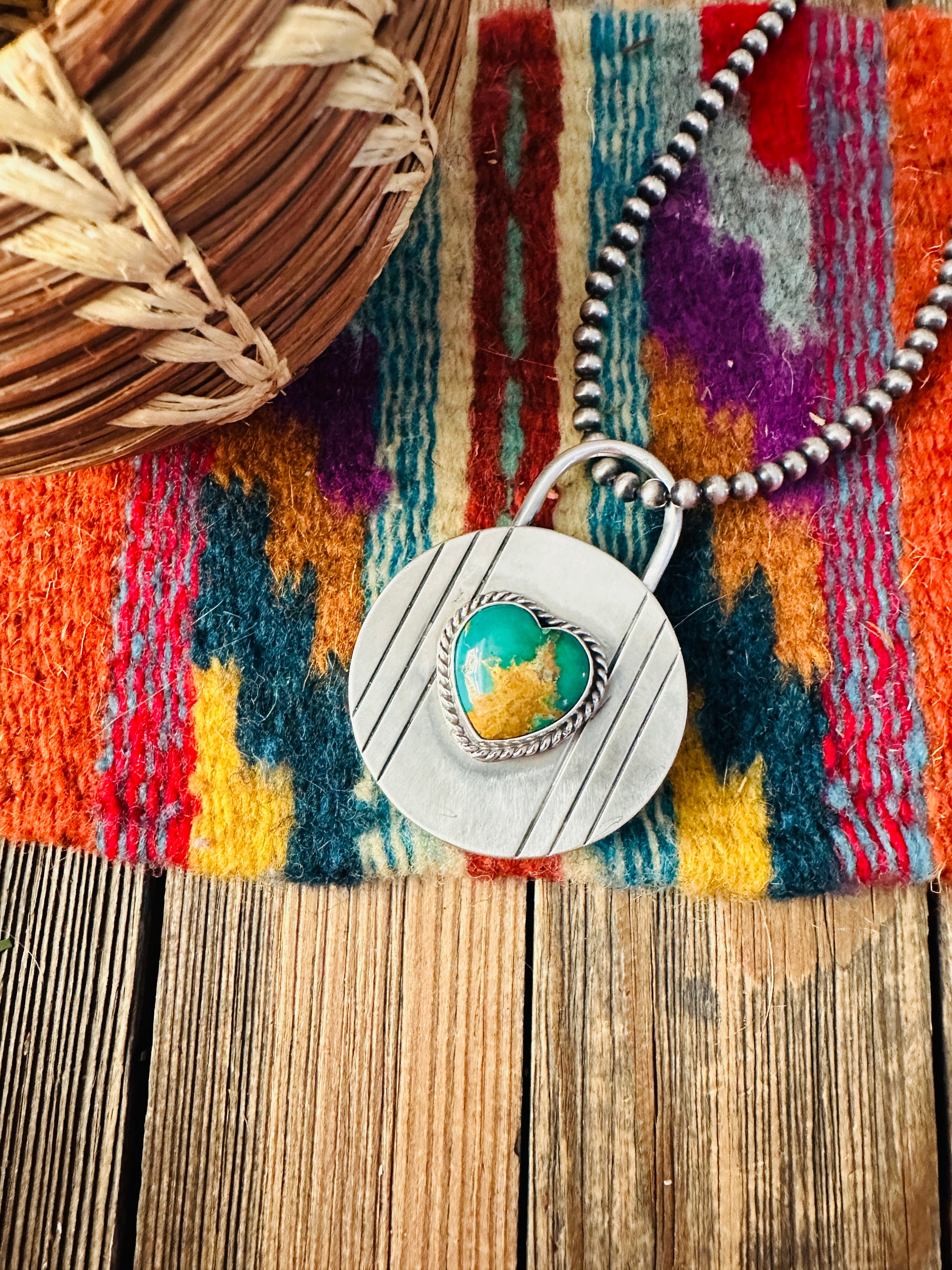 Handcrafted Turquoise & Sterling Silver Heart Locket Style Pendant by Charles Johnson