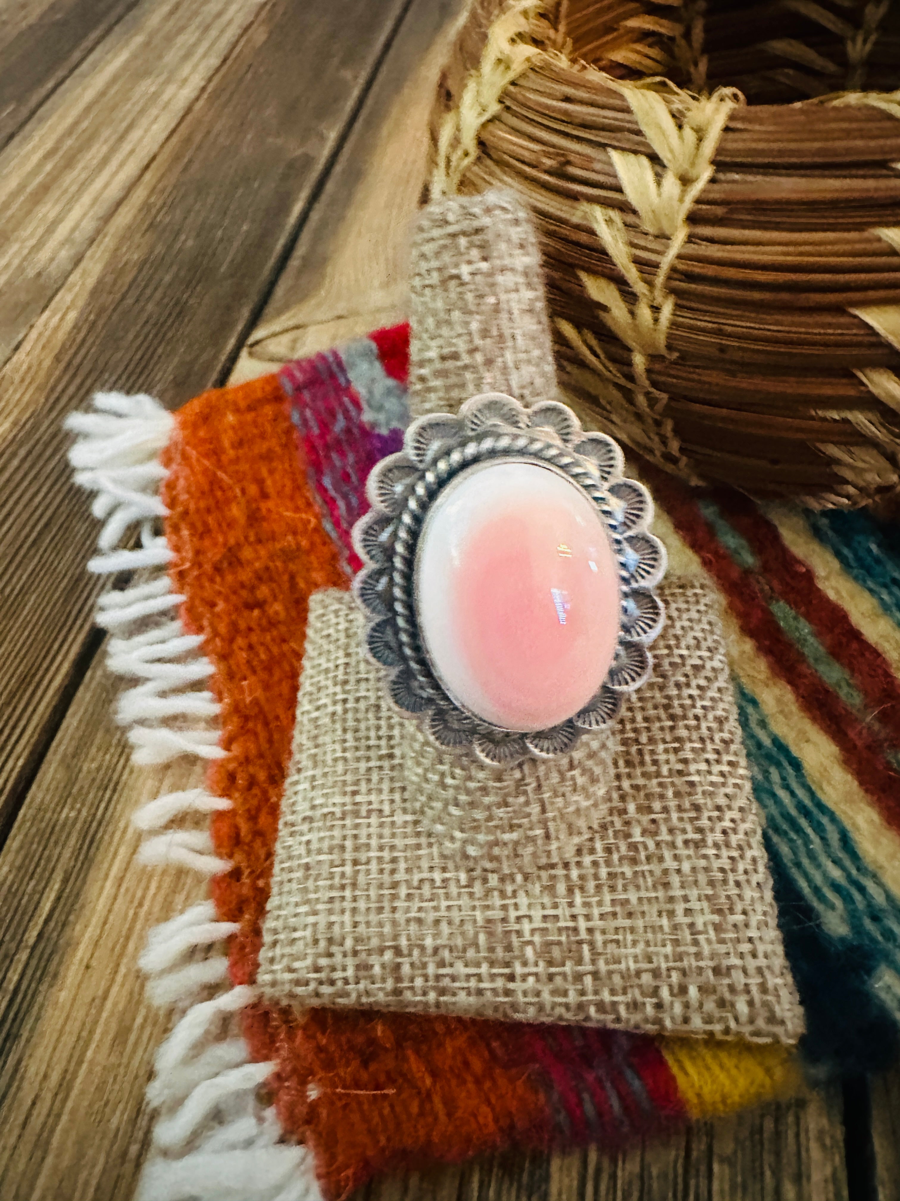 Handcrafted Queen Pink Conch & Sterling Silver Ring Size 8.75