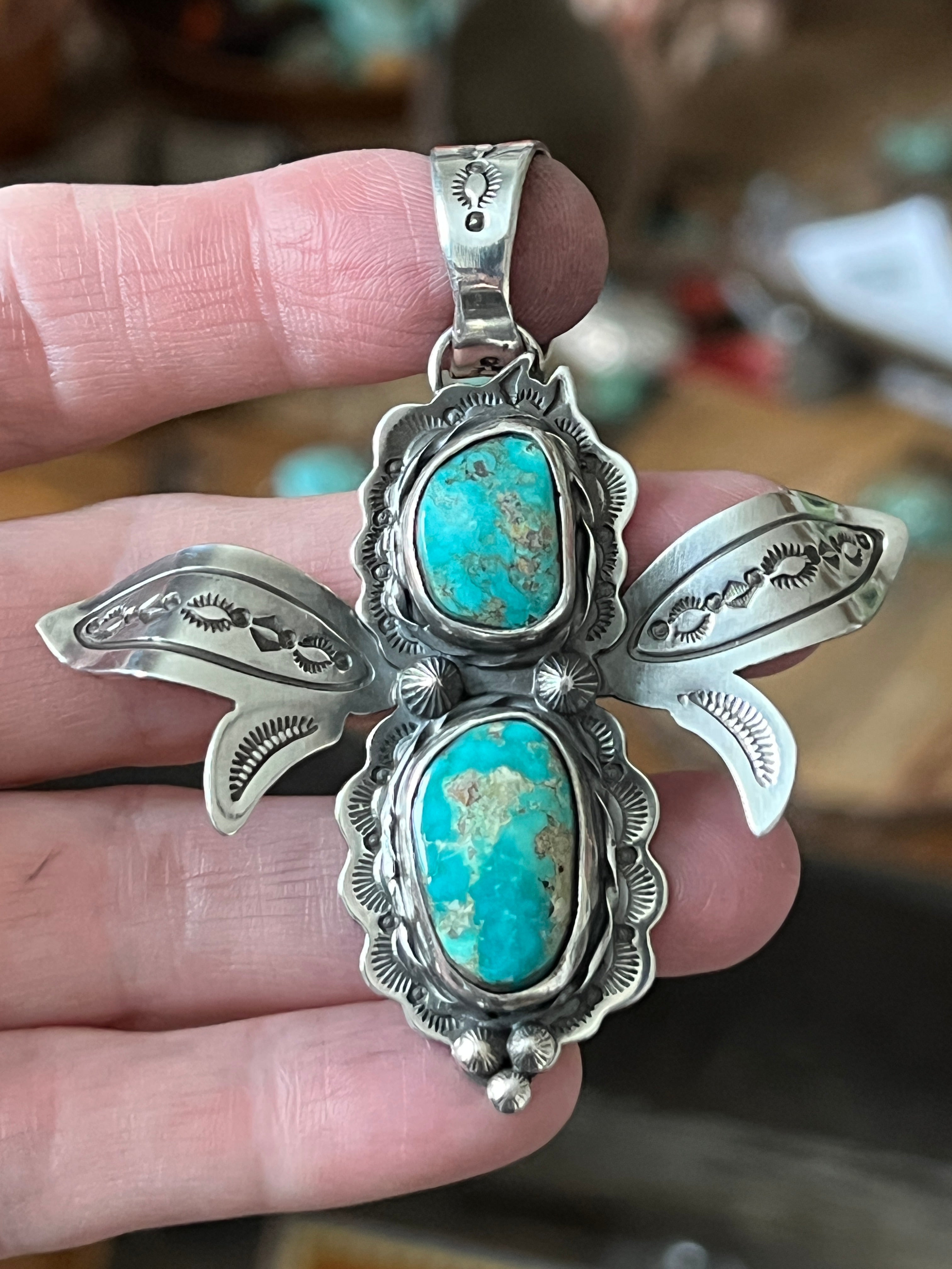 Sterling Silver and Turquoise Winged Bug Pendant by Kimari Somers